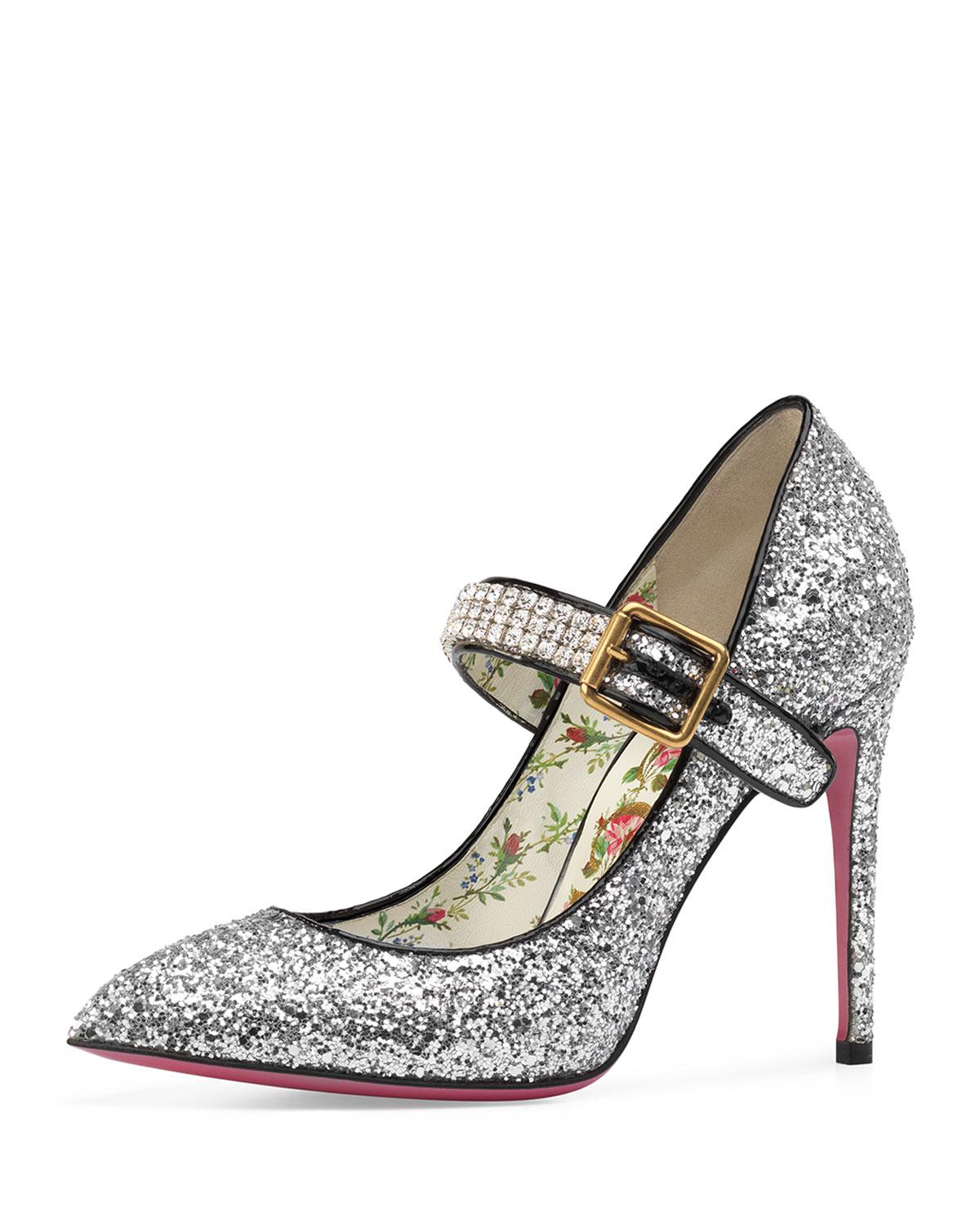 silver glitter mary jane heels