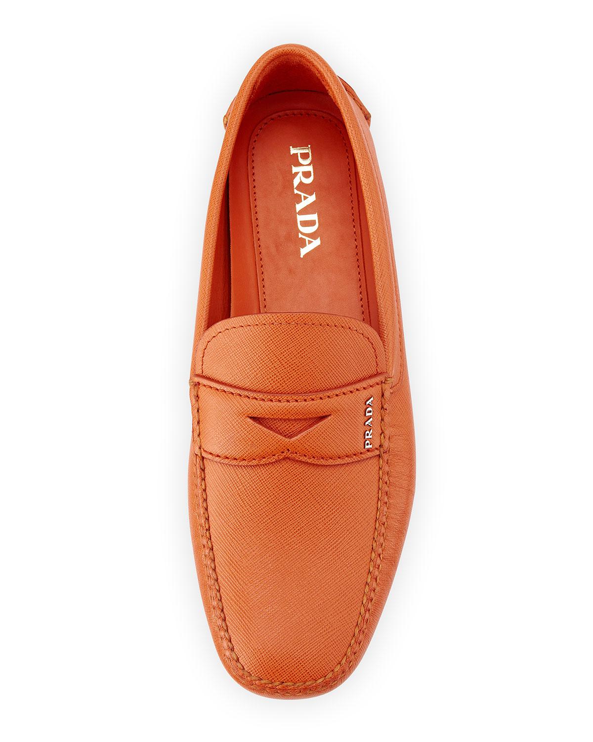 Prada Leather Saffiano Penny Driver Shoe in Orange for Men Lyst
