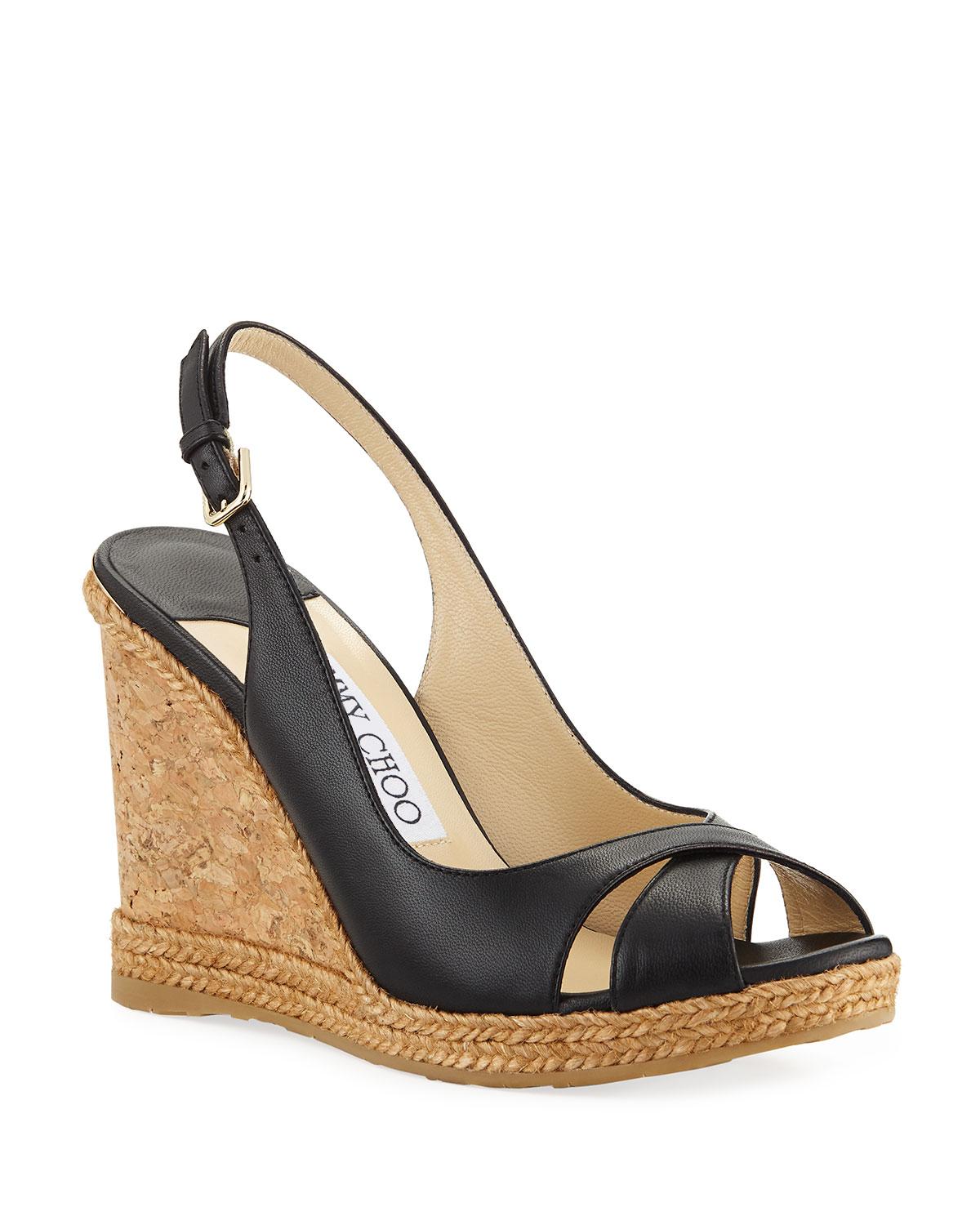 Jimmy Choo Amely 105mm Leather Cork Wedge Sandals in Black - Save 60% ...