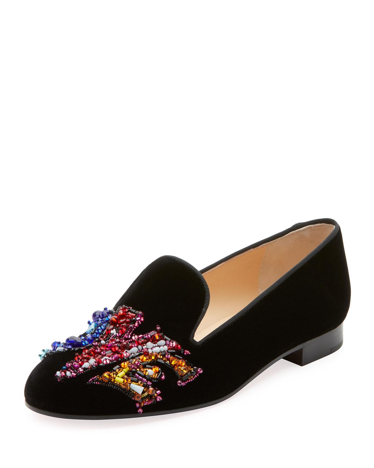 Christian Louboutin Solove Velvet Embellished Red Sole Loafers in Black - Lyst