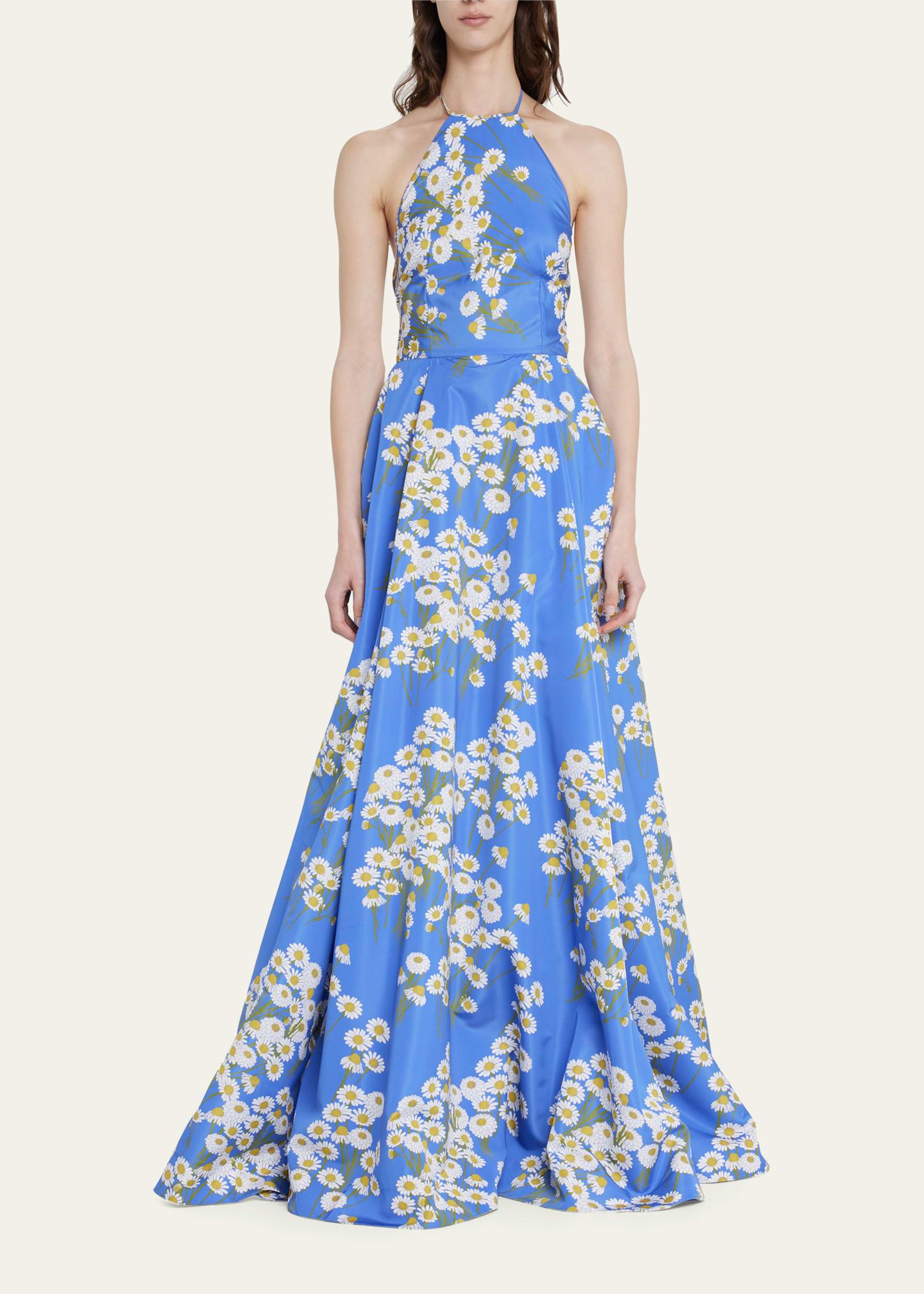 BERNADETTE Halter Nck Floral Print Open Back Long Gown in Blue | Lyst