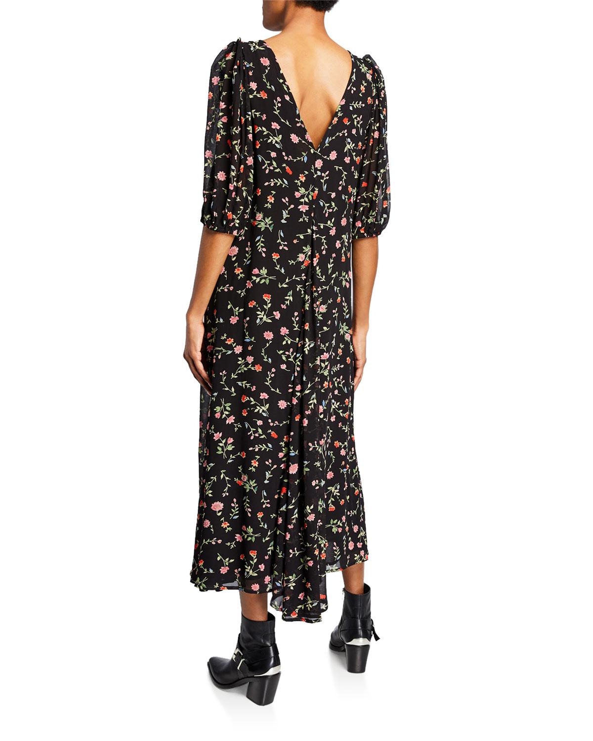 Ganni Synthetic Floral-print V-neck Puff-sleeve Midi Dress in Black - Lyst