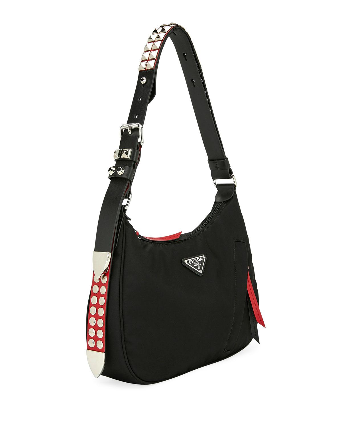 Prada Black Nylon Hobo Bag With Leather And Studs | Lyst