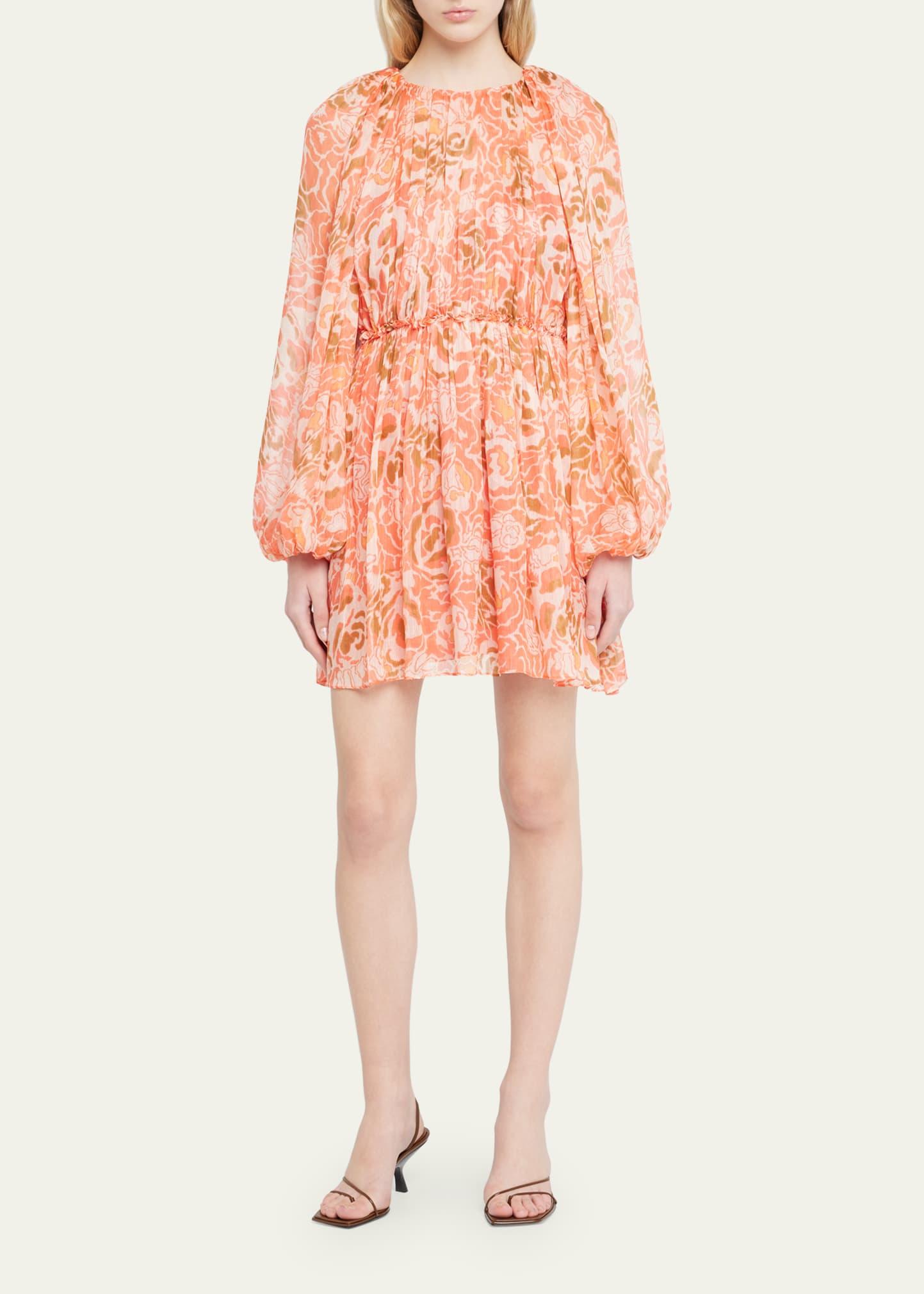 Tanya Taylor York Floral Linen-silk Blouson-sleeve Mini Dress in Orange 