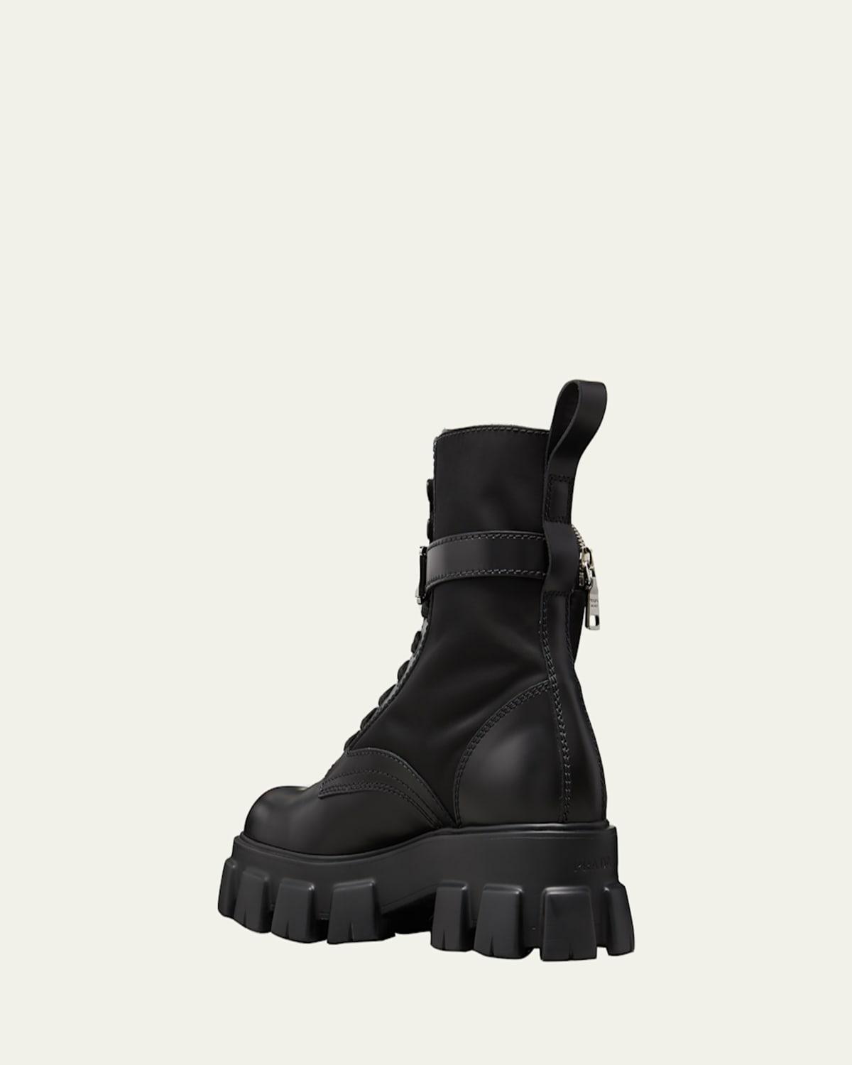 Prada Re-Nylon & Leather Zip Pocket Combat Boots in Black