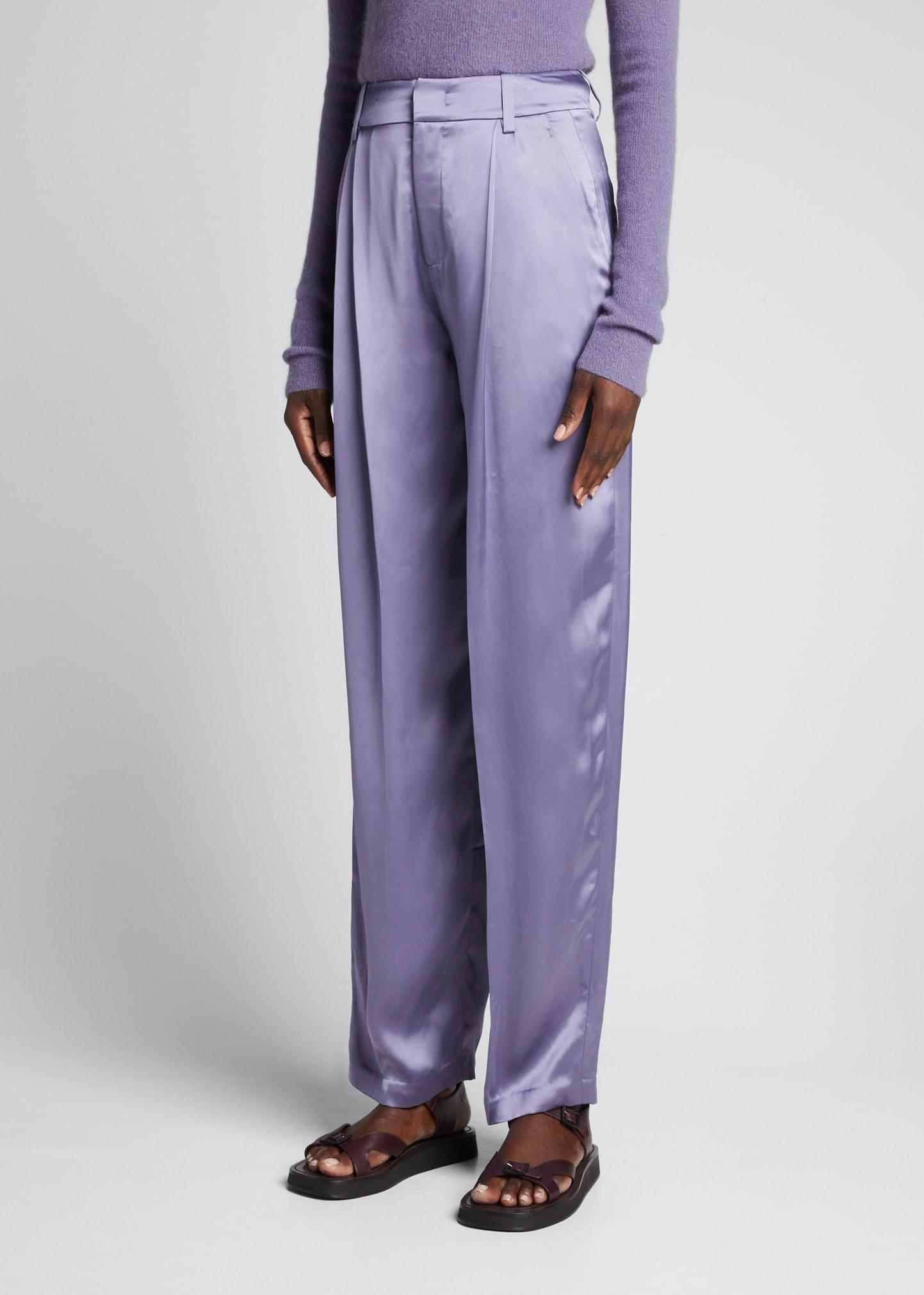 Vince Pleated-front Shiny Satin Pants in Purple | Lyst