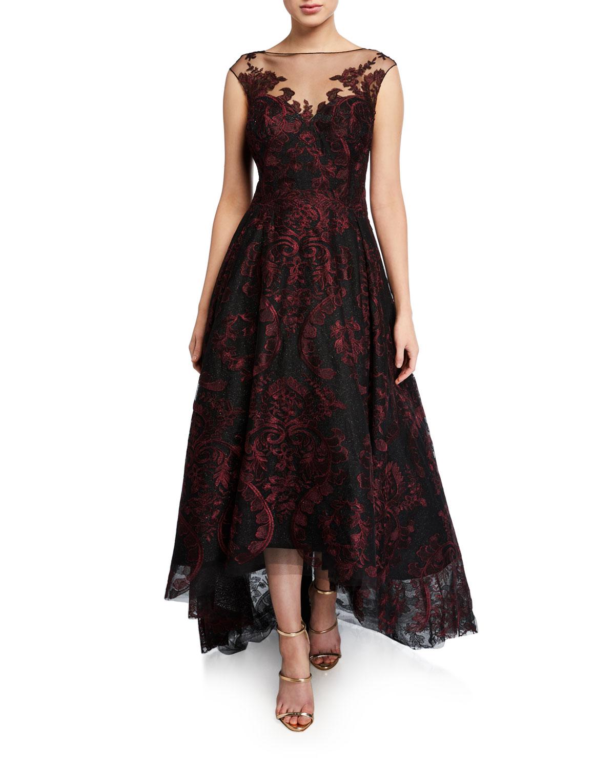 Teri Jon Cap-sleeve High-low Embroidered Tulle Illusion Dress in Black ...