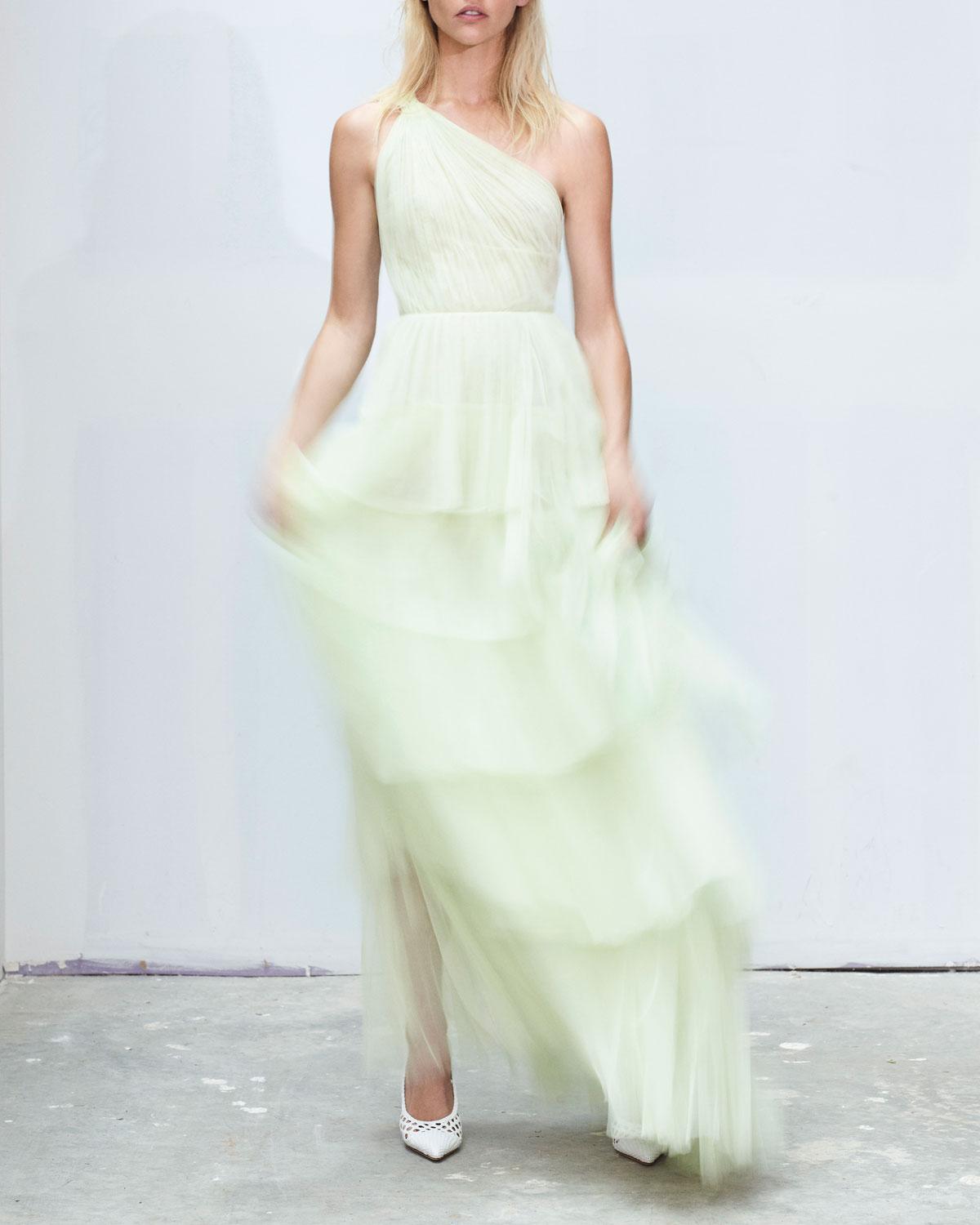 Jason Wu One Shoulder Gathered Tulle Tiered Gown In Light Green