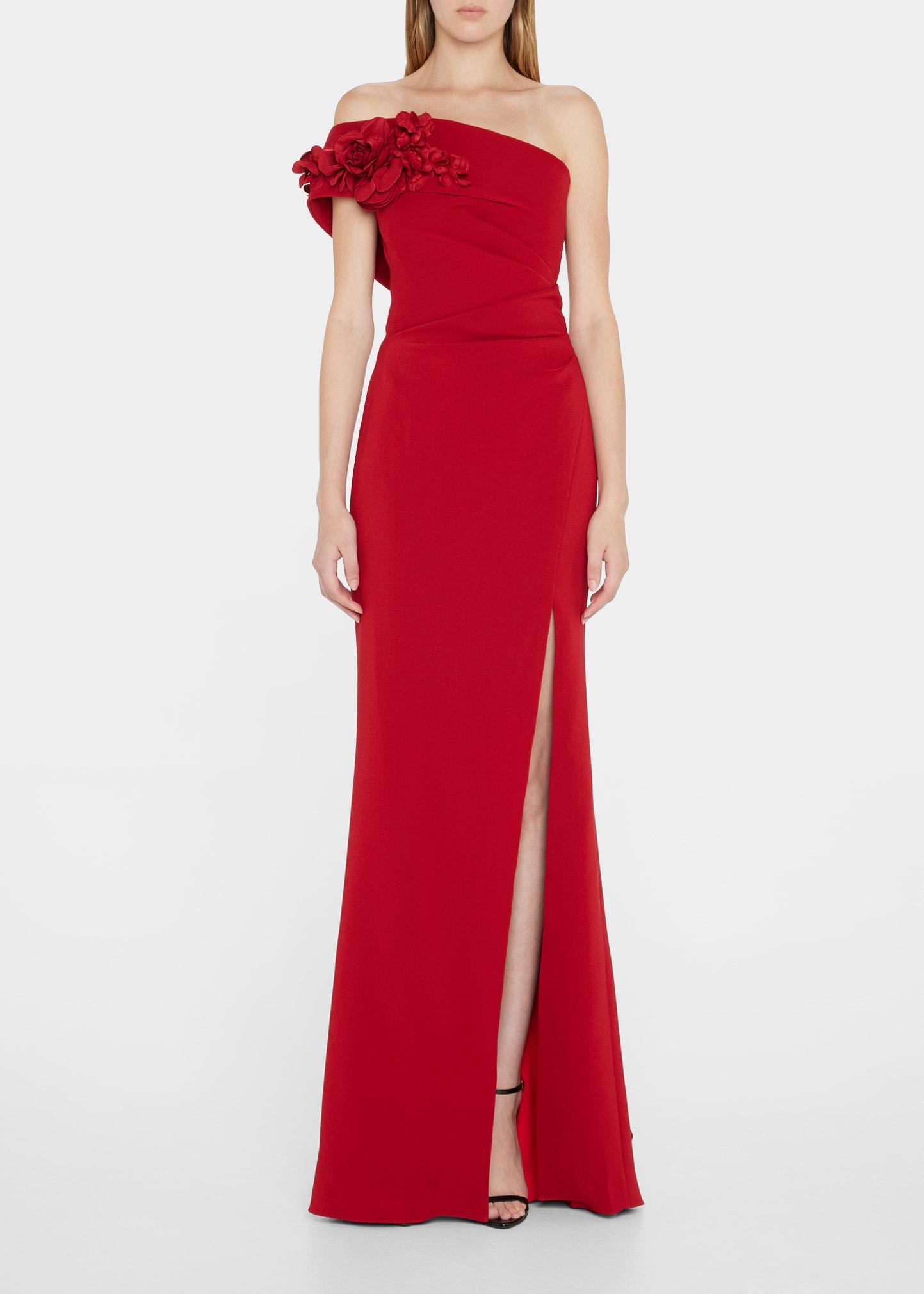 Marchesa Oneshoulder 3d Floral Crepe Column Gown in Red Lyst
