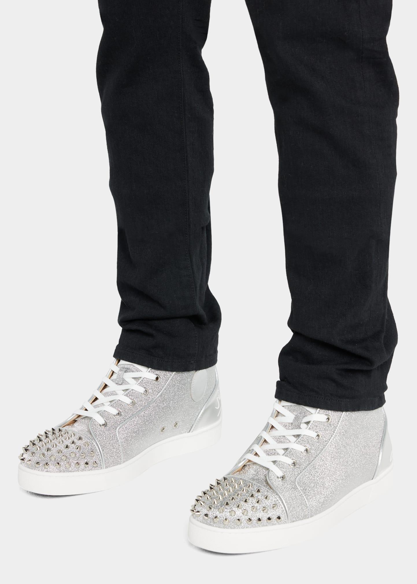 Lou Spikes woman - High-top sneakers - Specchio leather and glittered calf  leather - Silver - Christian Louboutin