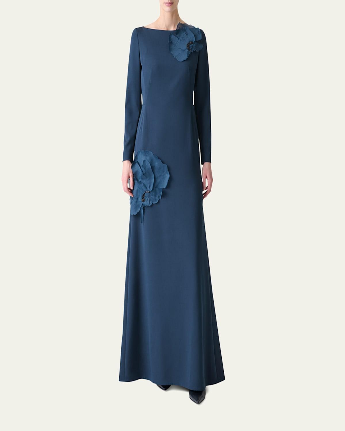 Akris Organza Anemone Corsage Long-Sleeve Crepe Gown in Blue | Lyst