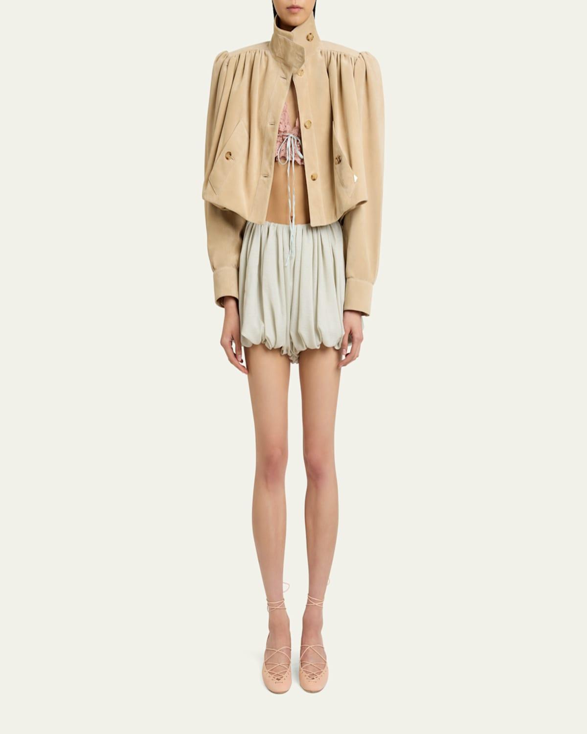 Chloé Suede High Neck Gathered Shoulder Cropped Jacket in