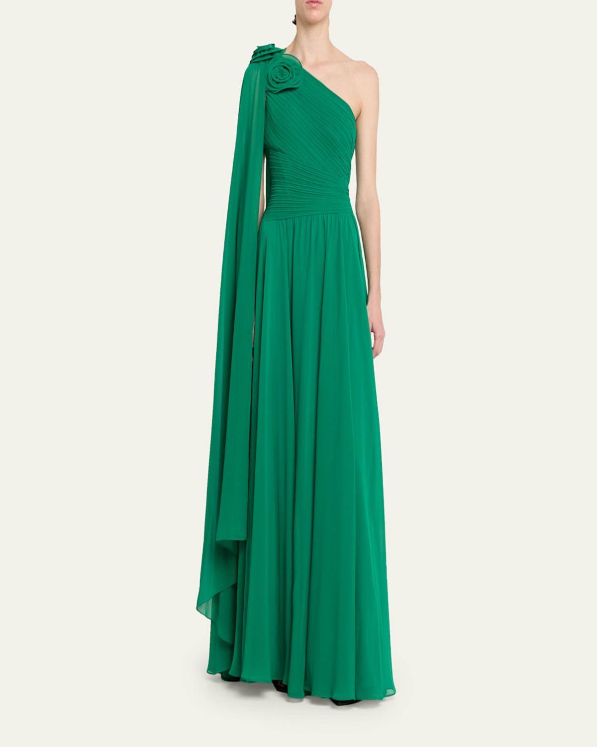 aerie green babydoll dress Metallic Jacquard Portrait Collar Side Drape Gown main image 0
