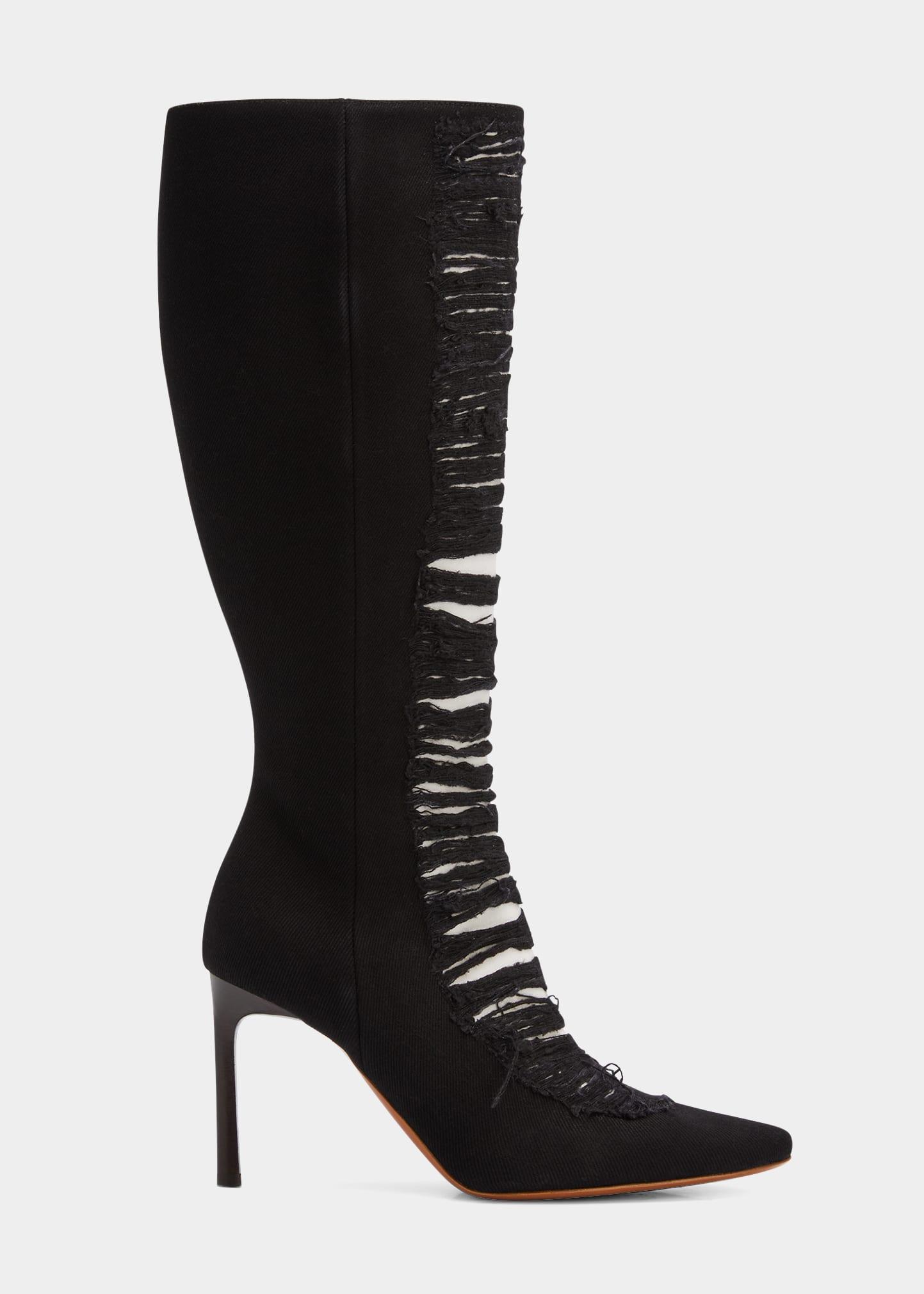 Loewe Ripped Denim Stiletto Knee Boots in Black | Lyst