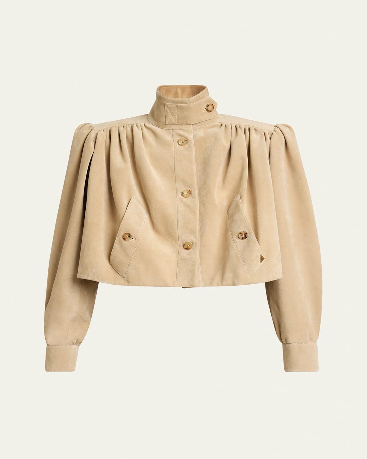 Chloé Suede High Neck Gathered Shoulder Cropped Jacket in Natural 