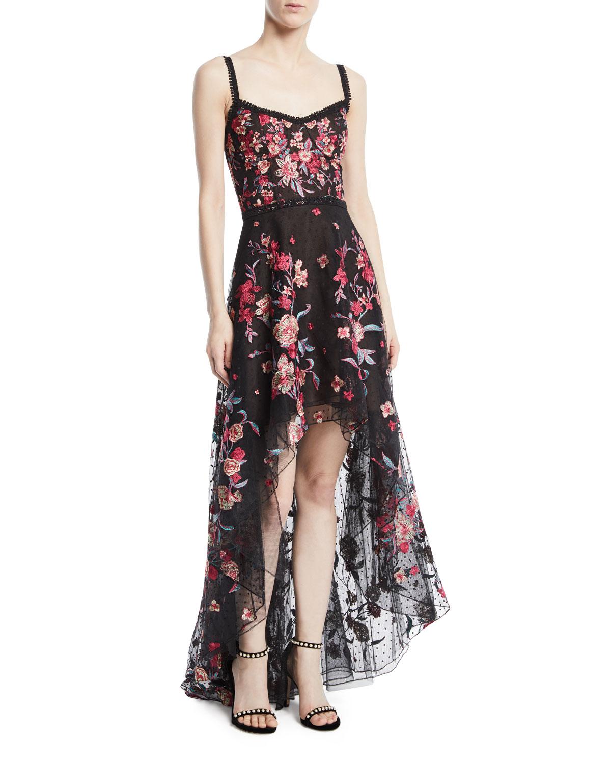 Marchesa notte Embroidered High-low Flocked Tulle Gown in Black | Lyst