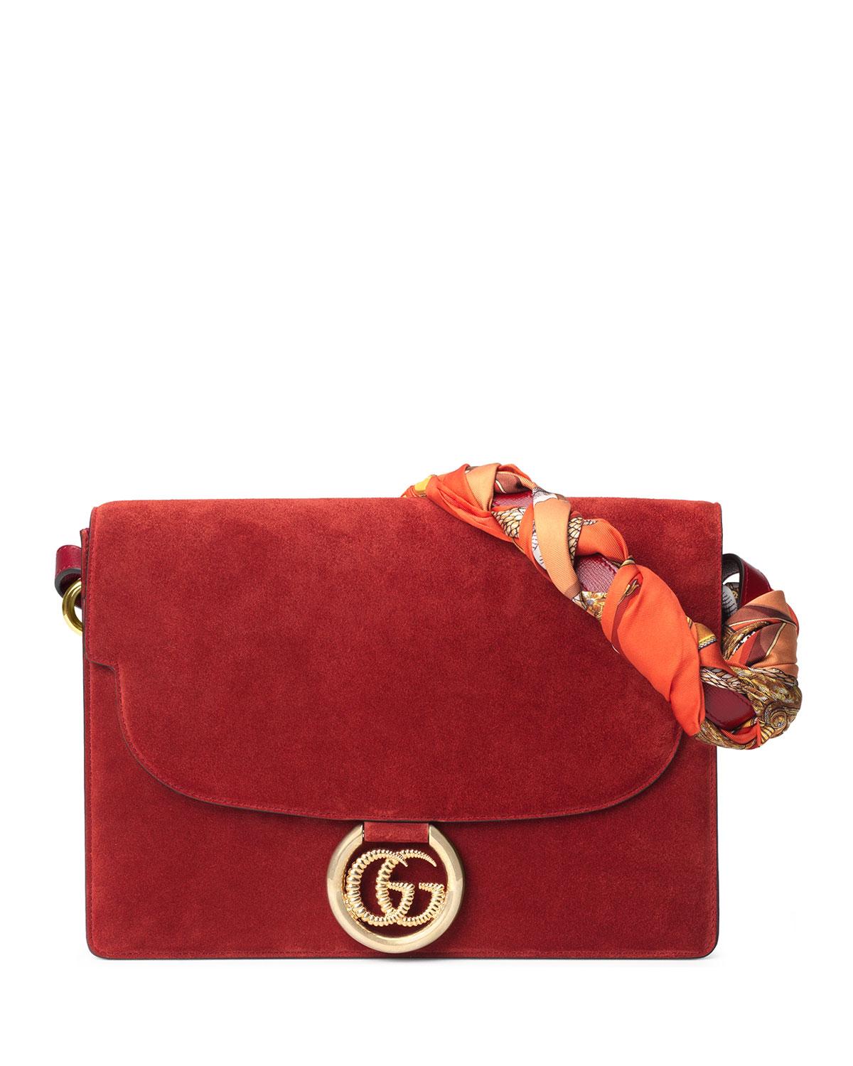 Gucci Medium Suede Shoulder Bag With Scarf in Red