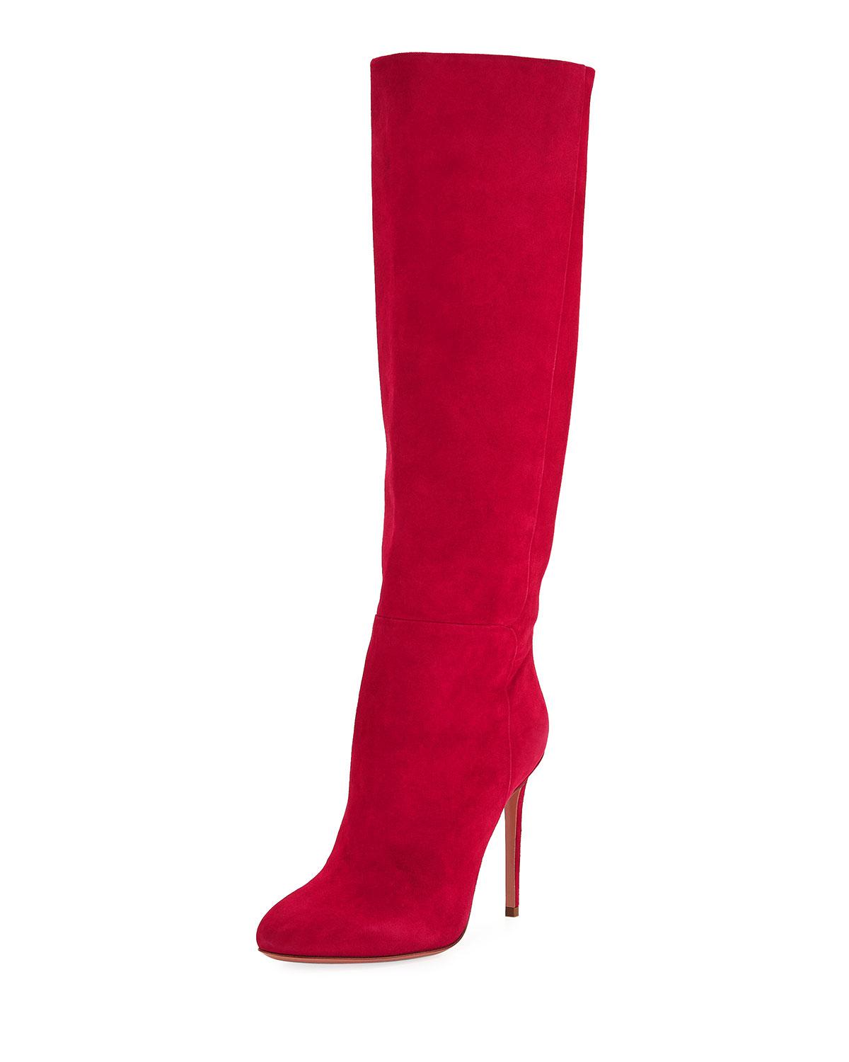 red knee high suede boots