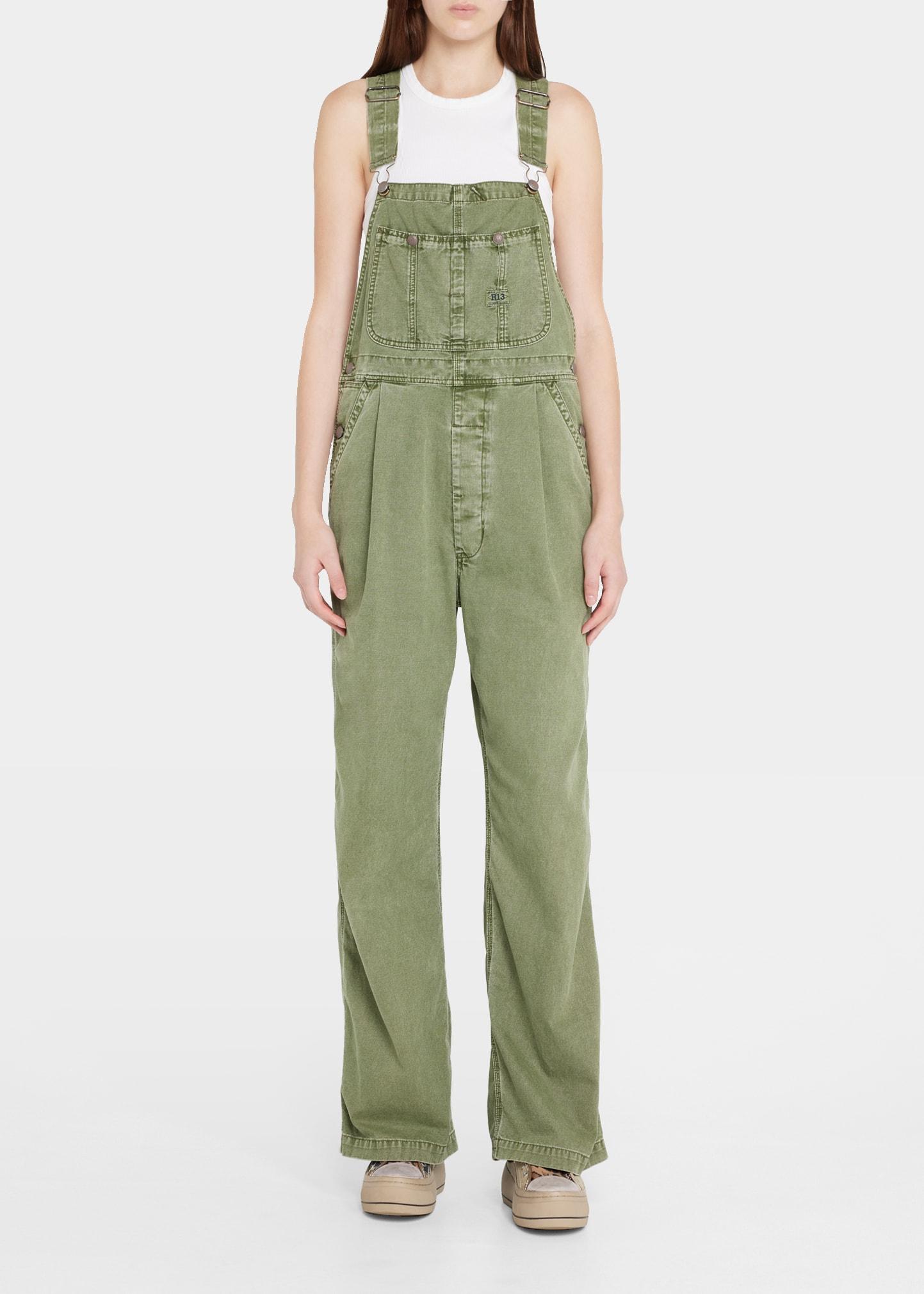 R13 Damon Baggy Denim Overalls in Green Lyst