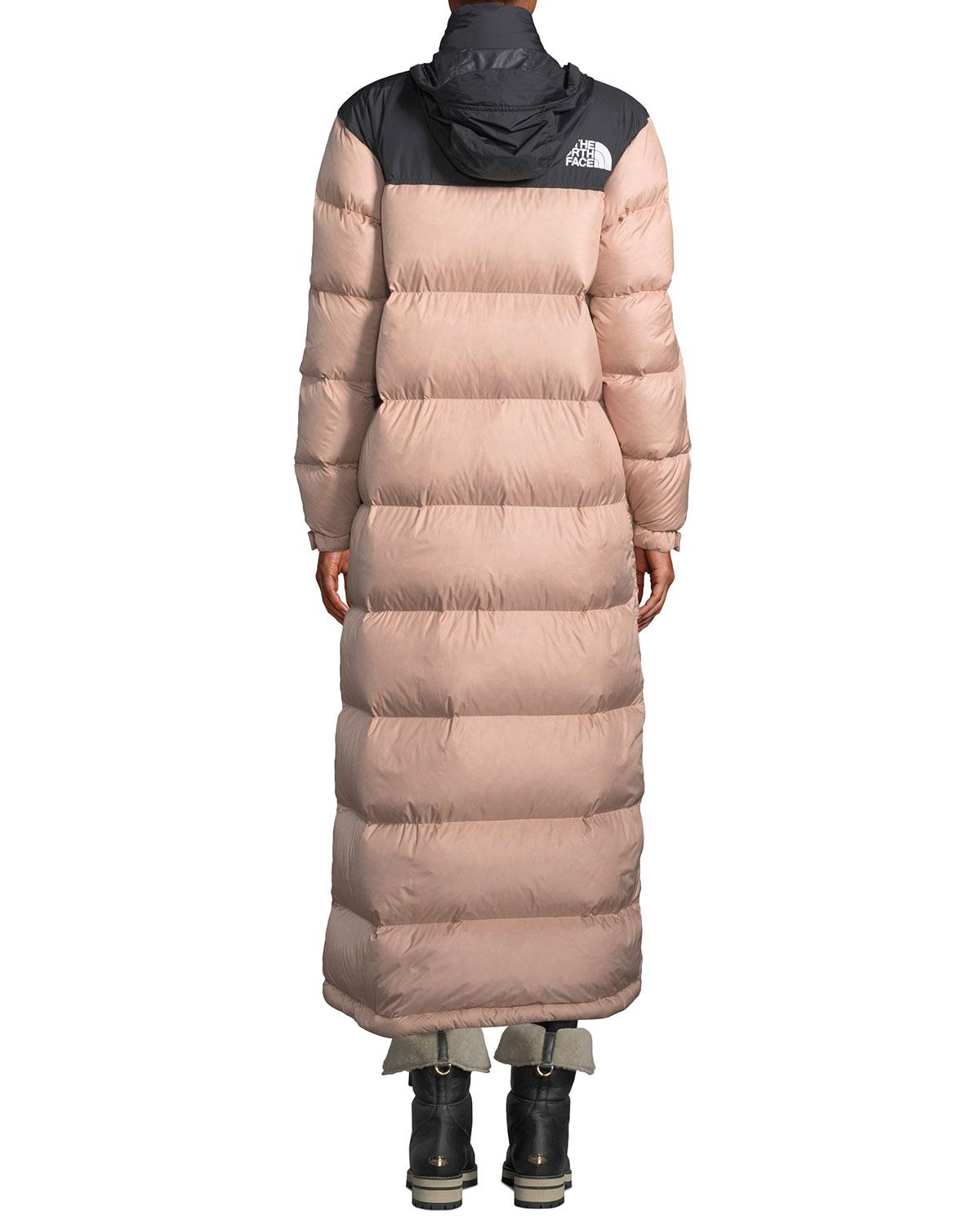 The North Face Goose Nuptse Long Duster Puffer Coat W/ Packable Hood in ...