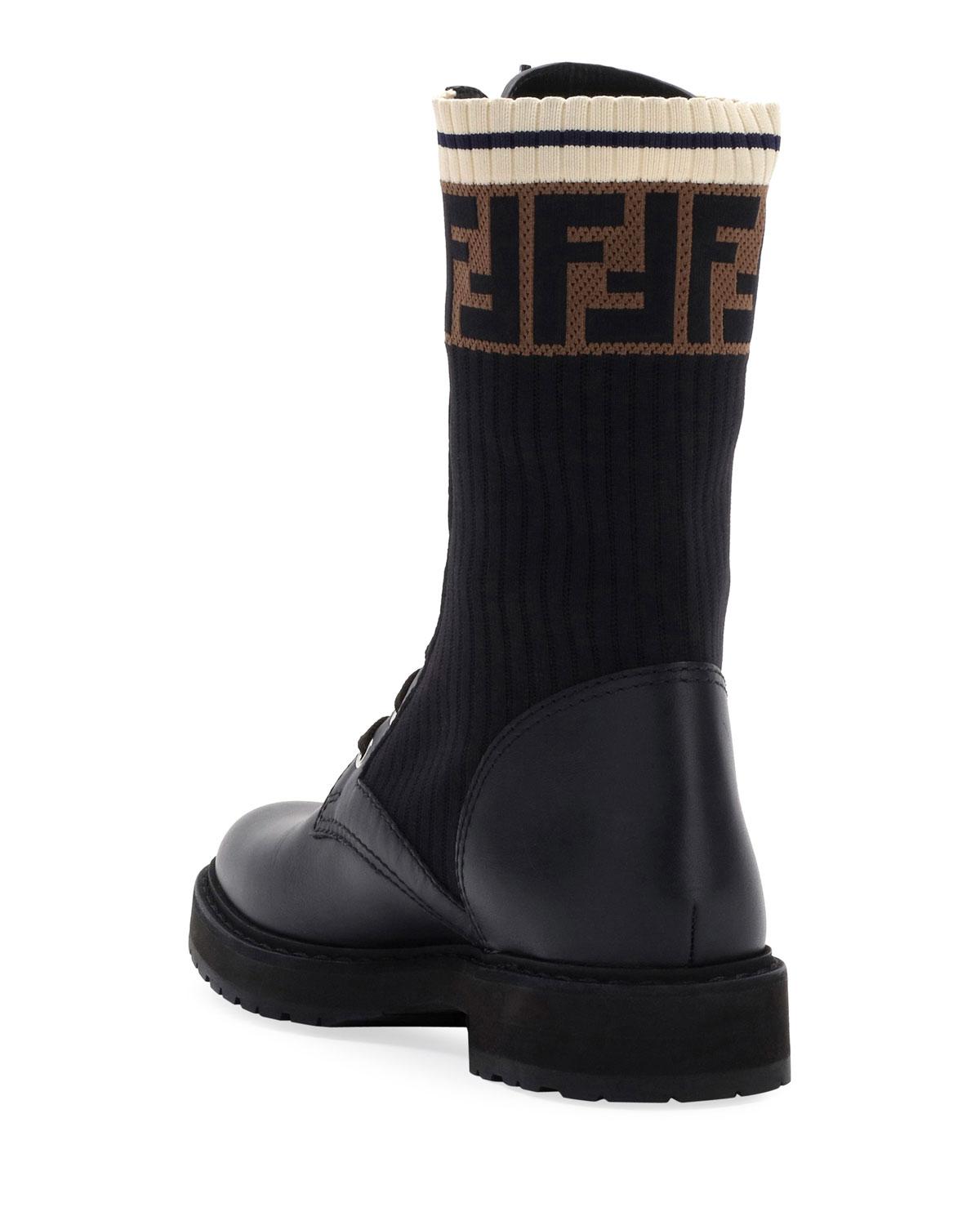 fendi rockoko leather and knit combat boots