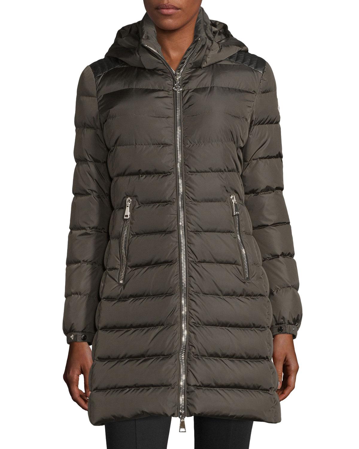 Moncler Orophin Long Puffer Coat W/leather Trim in Black - Lyst
