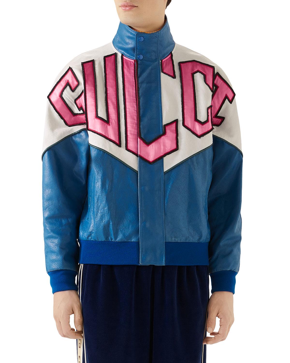 Gucci Logo Colorblocked Leather Bomber Jacket in Blue for Men | Lyst