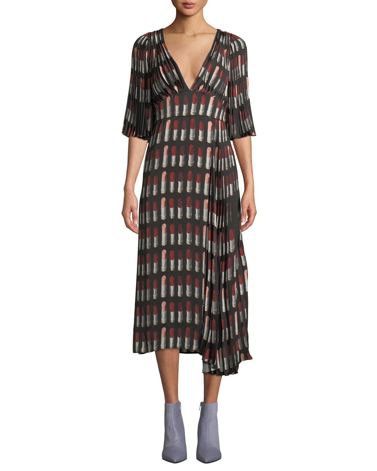 Prada Lipstickprint Vneck Shortsleeve Pleated Aline Dress in Black