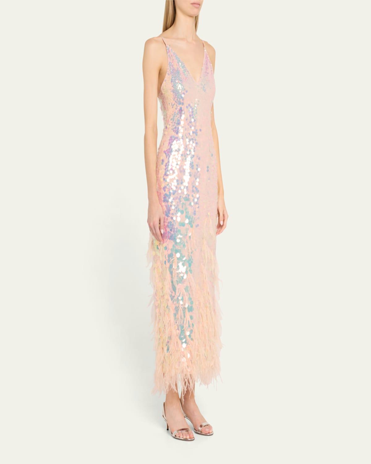 miriana iridescent midi dress with feathers LoveShackFancy Miriana Iridescent Sequined Midi Dress With Feathers in Pink