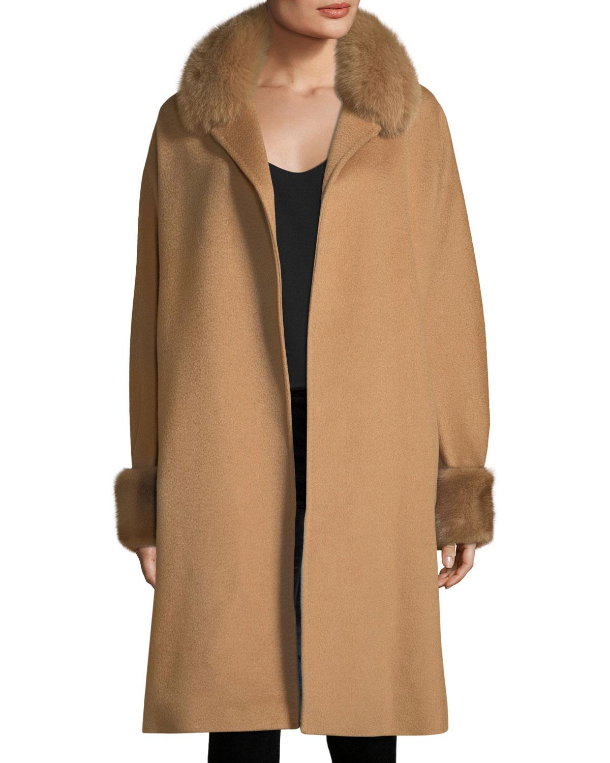 Lyst - Max mara Fur-trim Camel Hair Wrap Coat in Natural