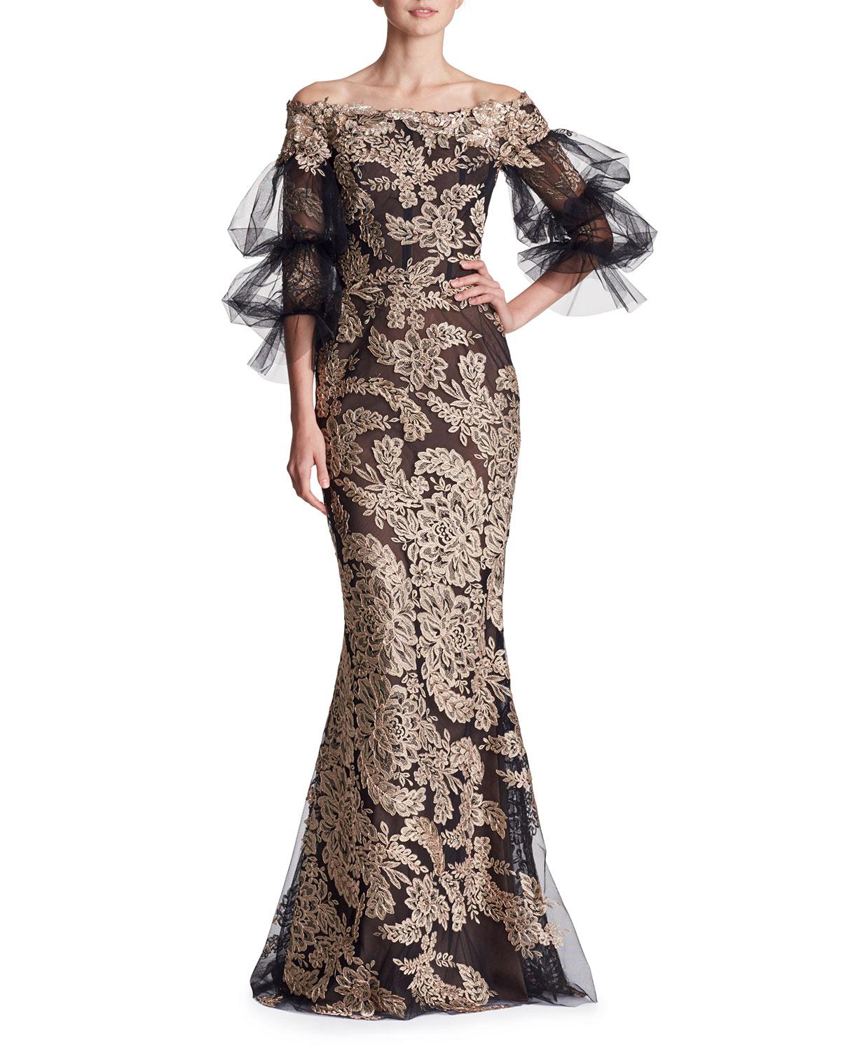 Marchesa Off-the-shoulder Lace Column Evening Gown W/ Tulle Balloon Sleeves in Black/Gold (Black