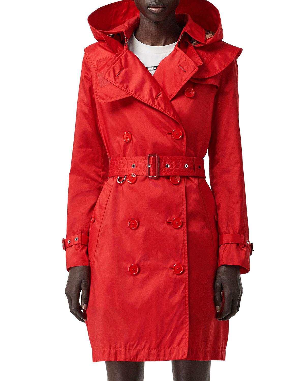 shiny red trench coat