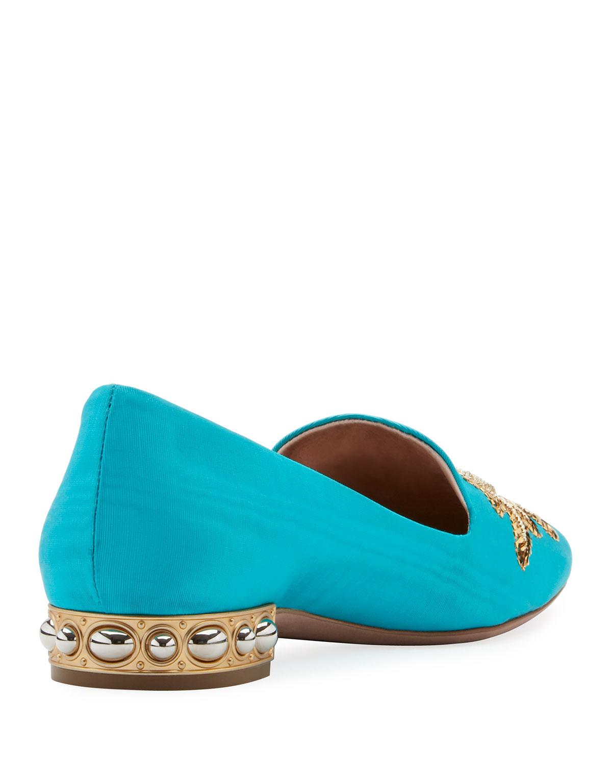 Aquazzura Embroidered Moire Loafer in Blue - Lyst