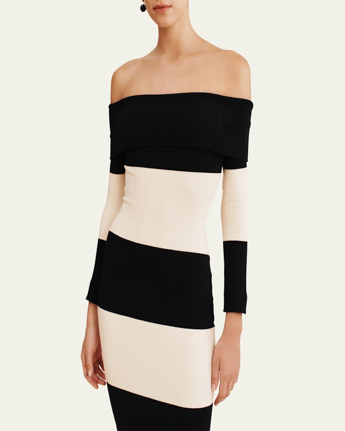 Black and white striped dress off the shoulder best sale