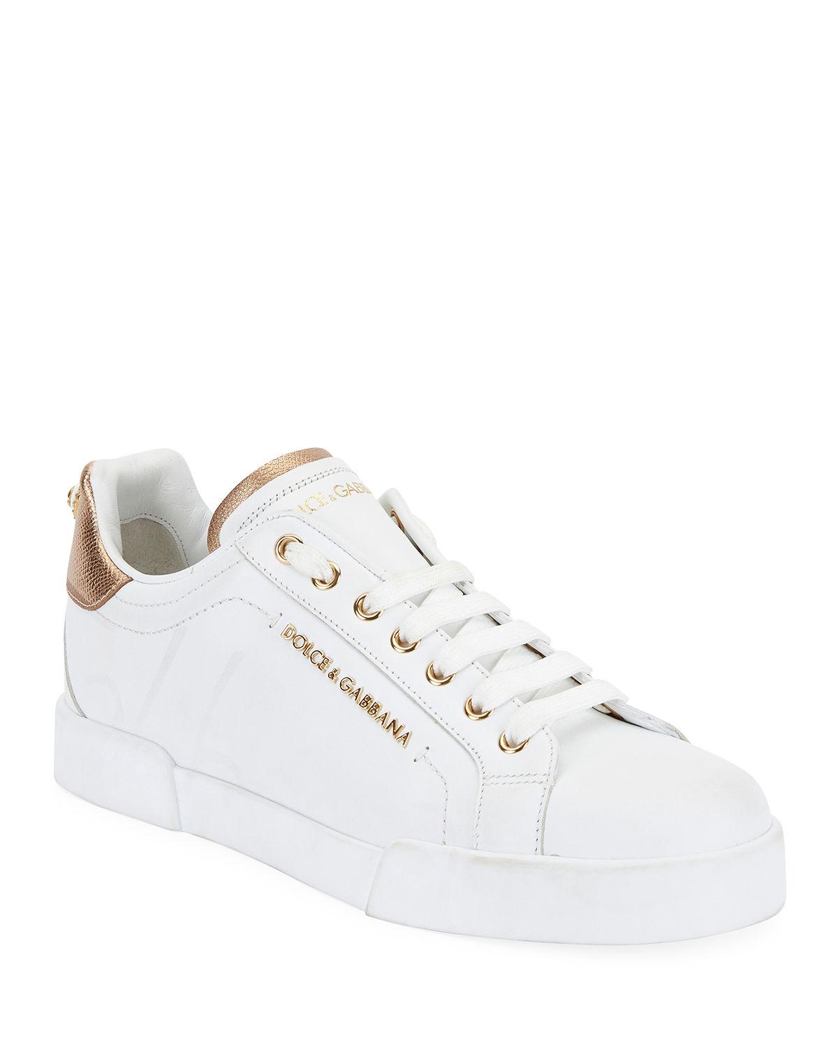 Dolce & Gabbana Portofino Leather Sneakers in White/ Gold (White) - Lyst