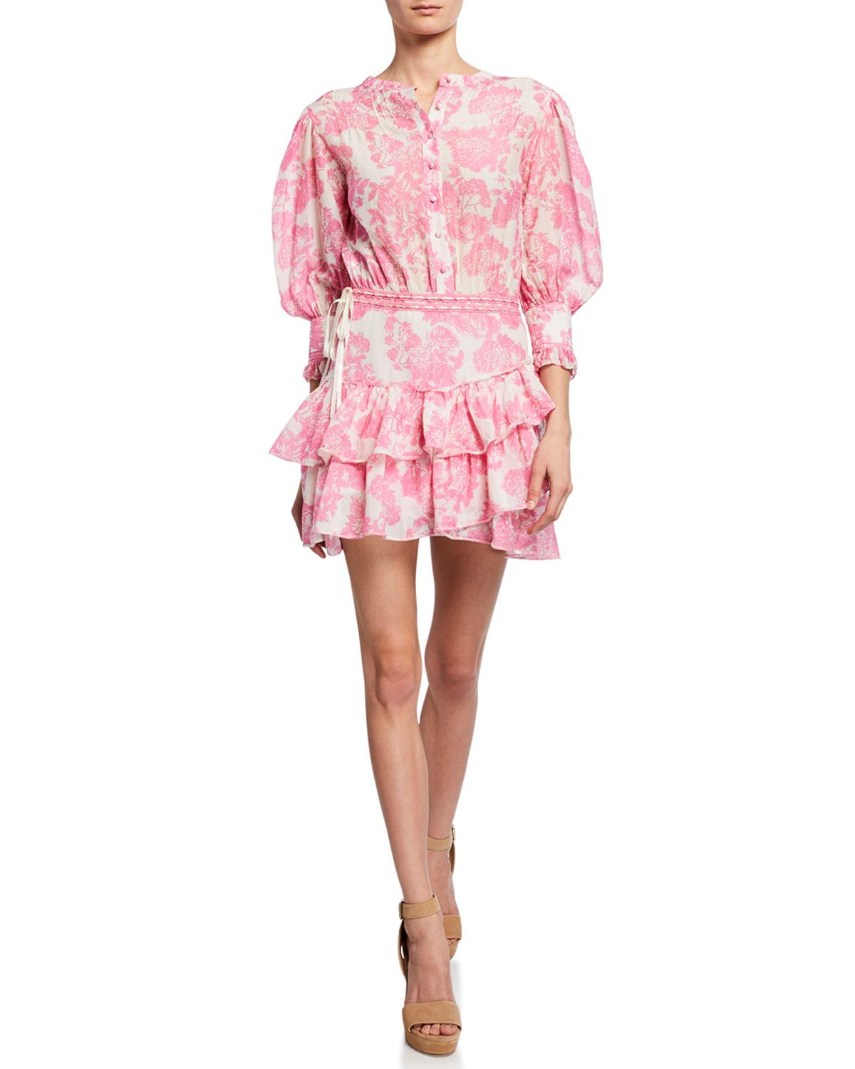 LoveShackFancy Cotton Lorelei 3/4-sleeve Floral Short Dress in Pink - Lyst