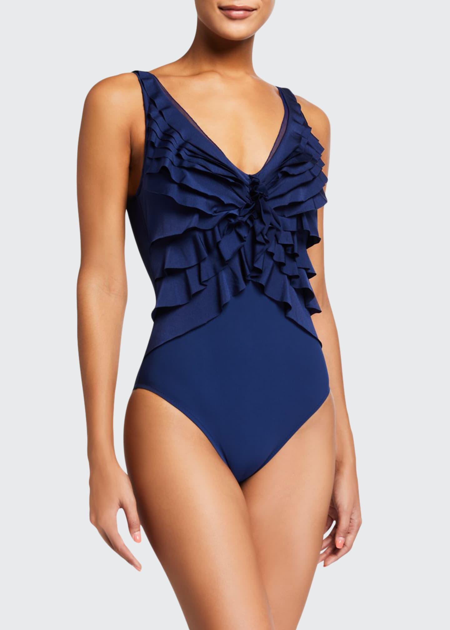 blue ruffle one piece swimsuit