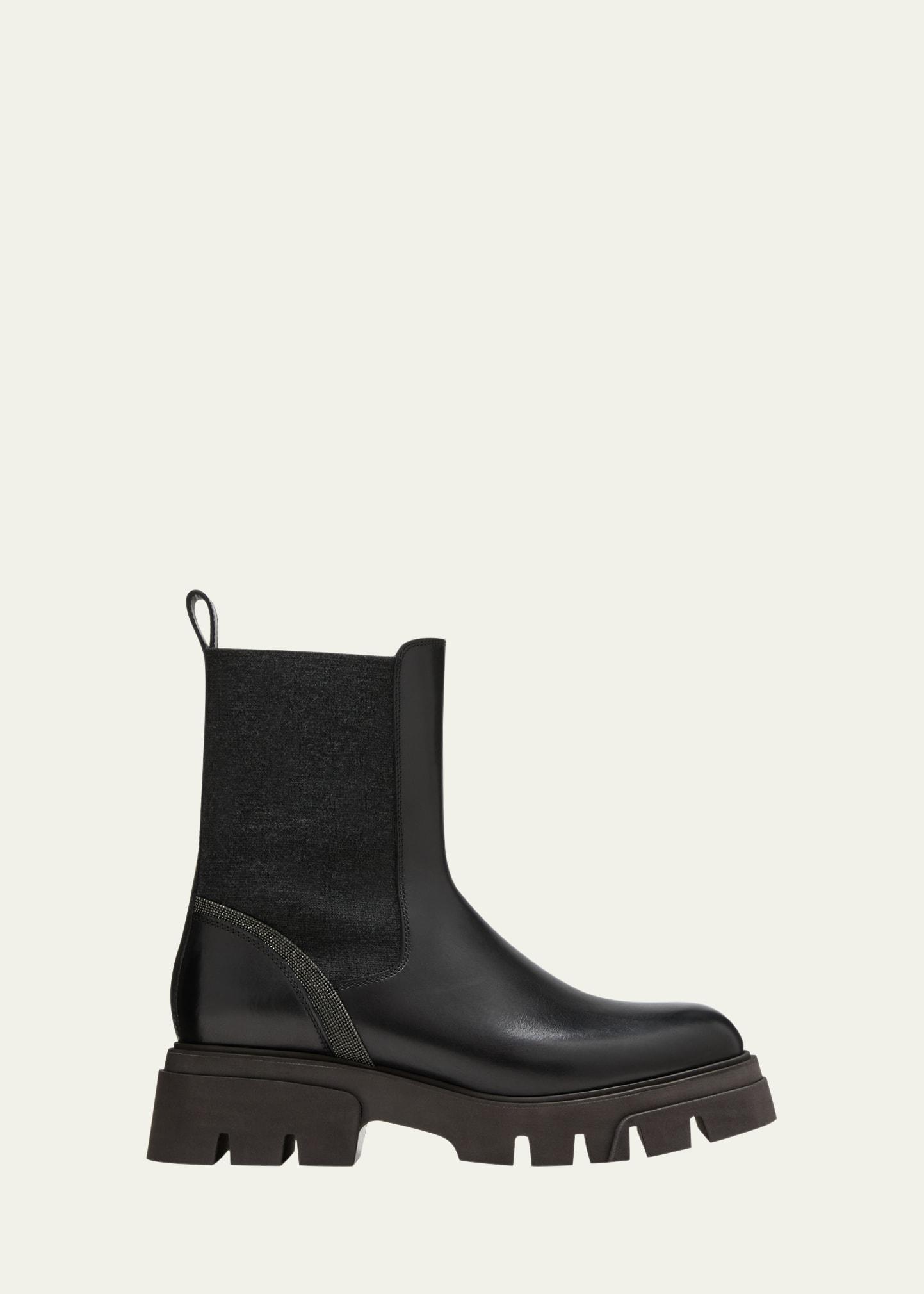 Brunello Cucinelli Leather Wool Lug-sole Chelsea Boots in Black | Lyst