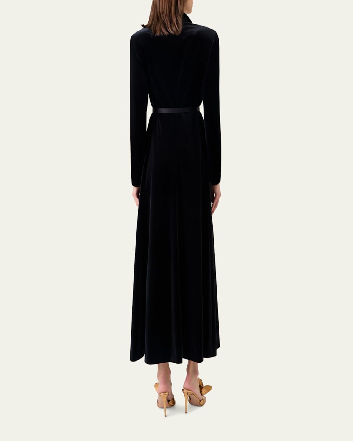 long tuxedo dress for ladies Strapless A zipper back closure completes this long sleeve gown Akris Satin-Lapel Belted Velvet Midi