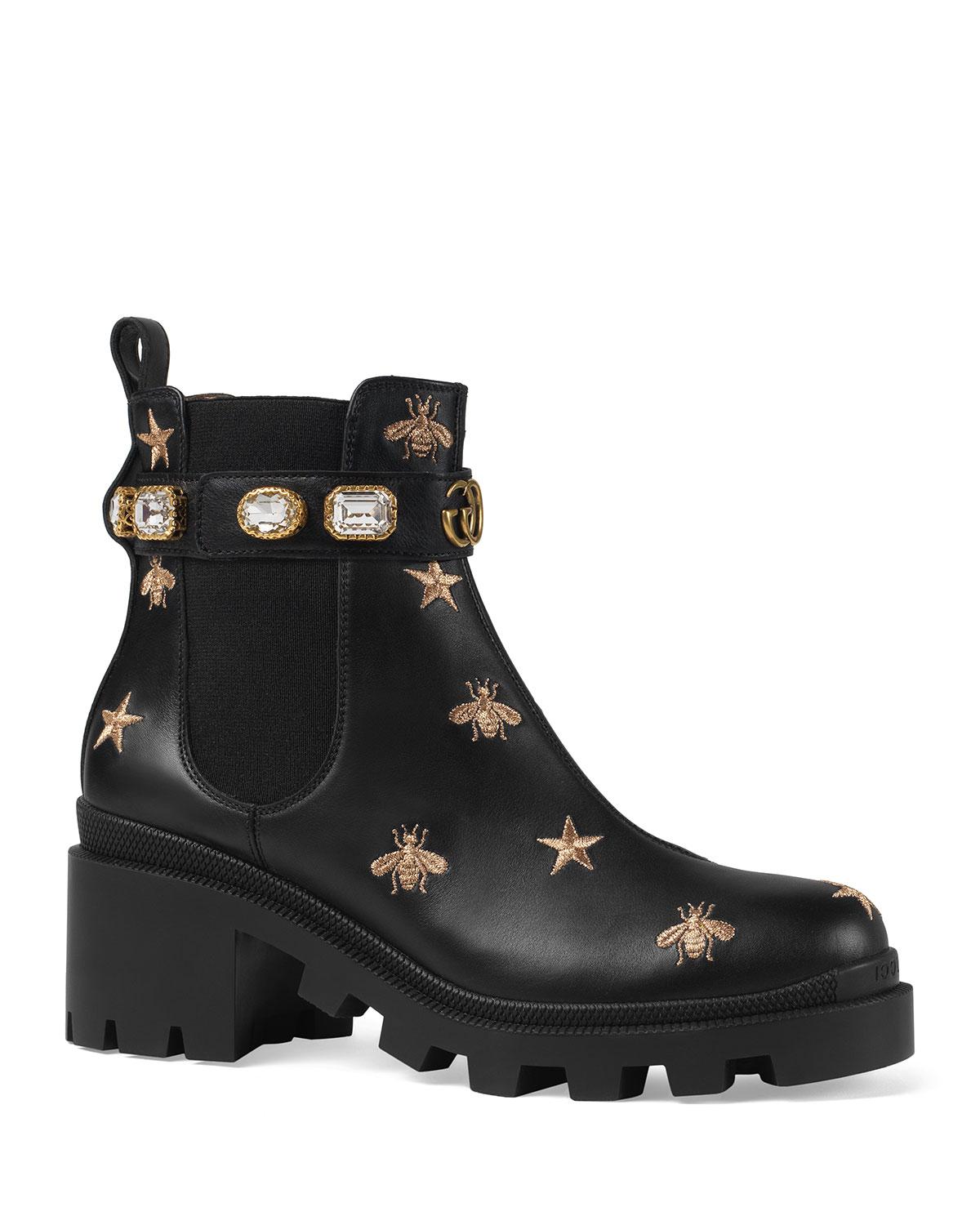 Gucci Leather Star And Bee Embroidered Boots in Black - Lyst