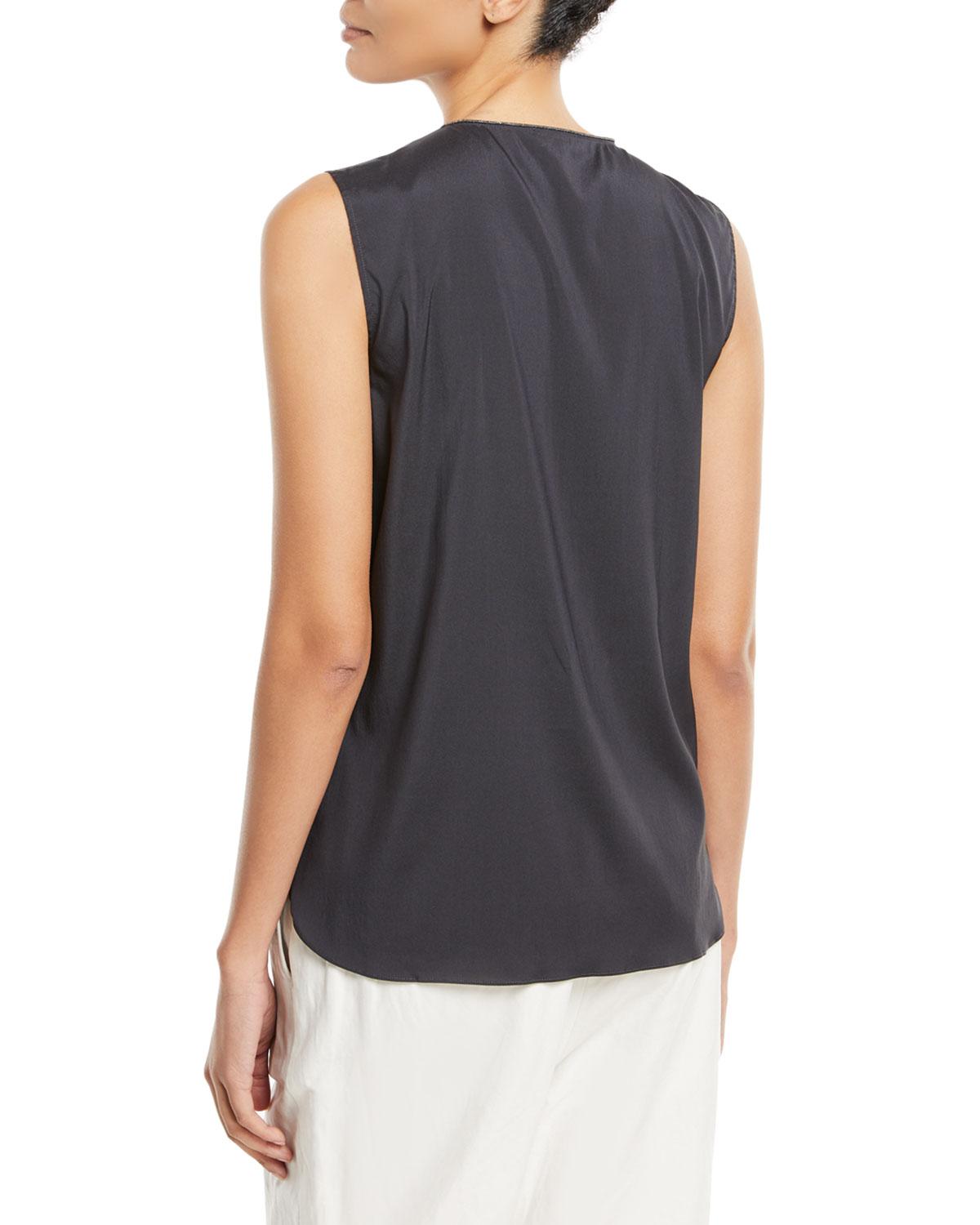 Brunello Cucinelli Silk Feather-embellished Sleeveless Top in Gray - Lyst