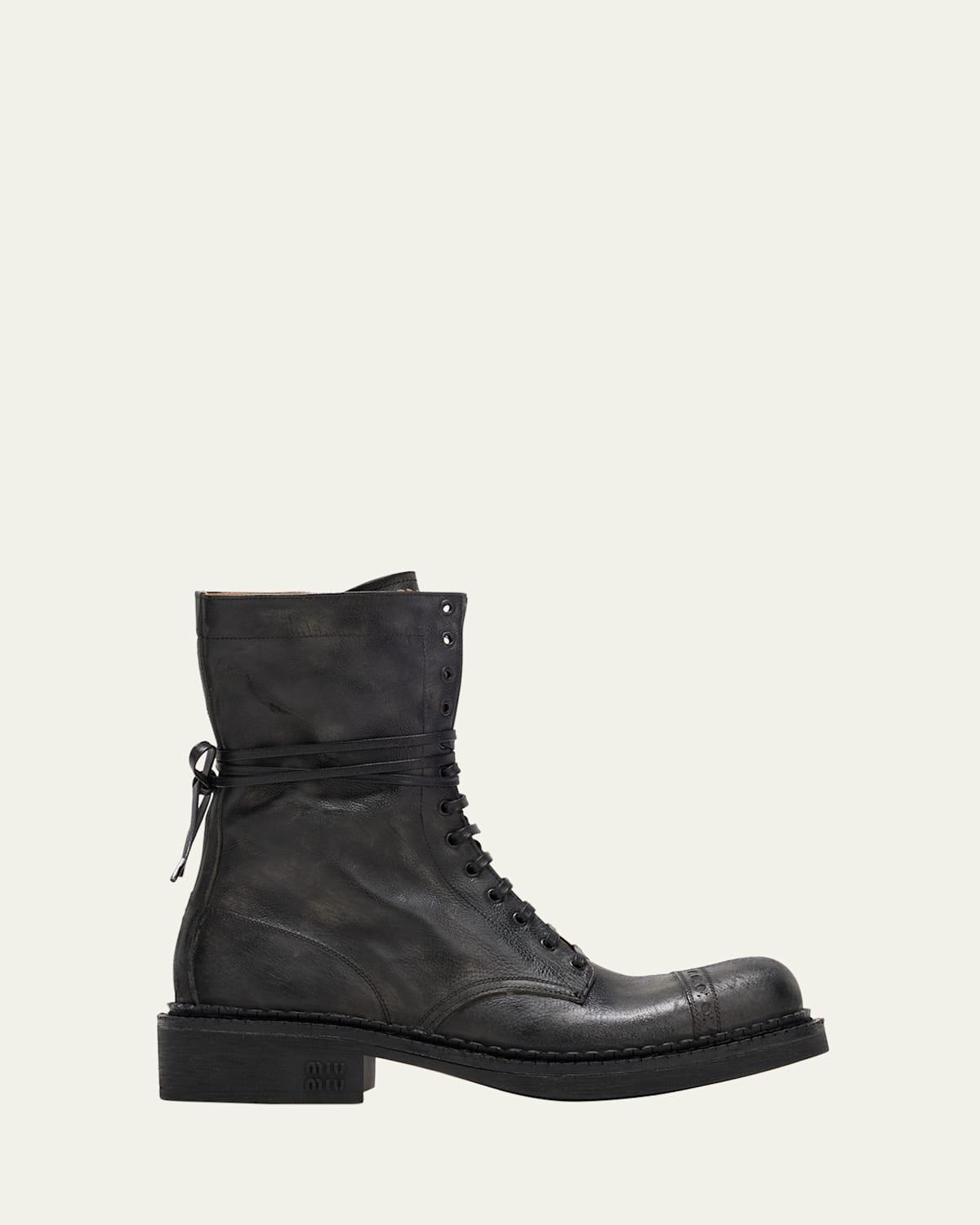 Miu Vintage-Look Black Calfskin Booties