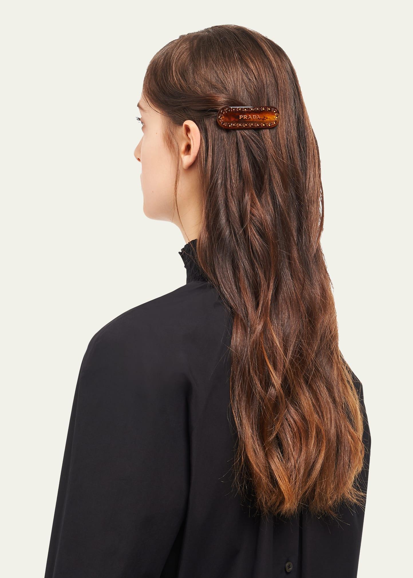 Prada Crystal Embellished Logo Hair Clip in Brown