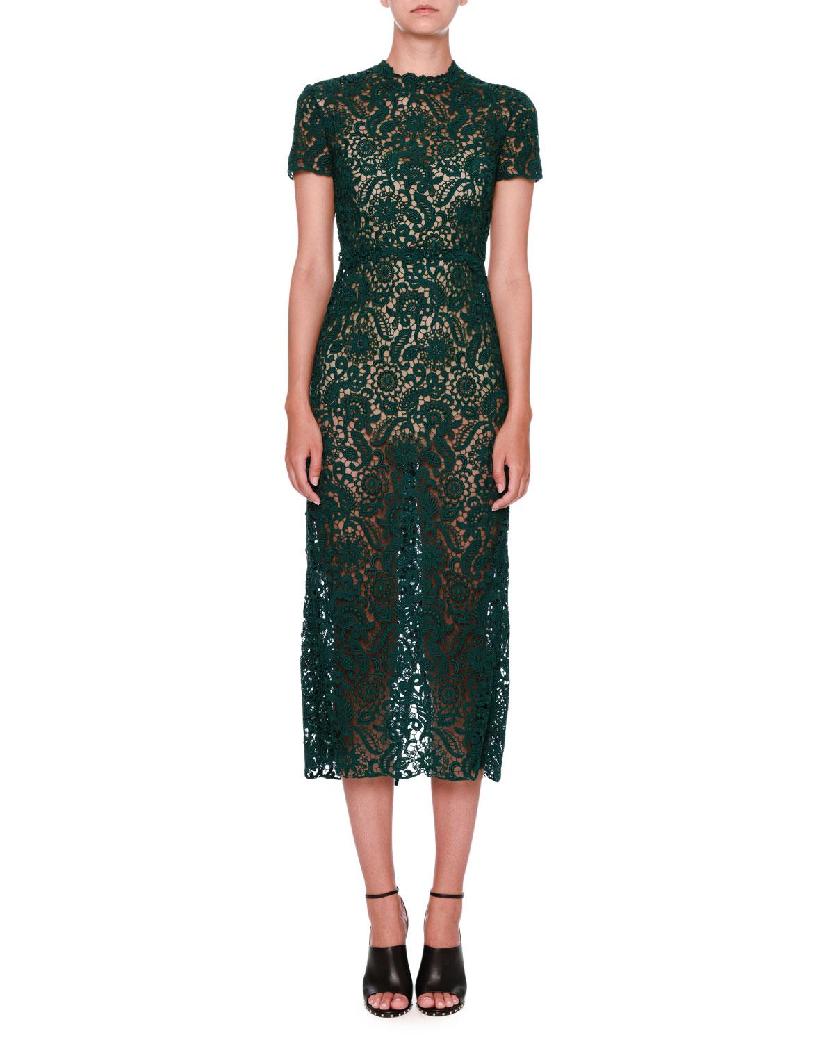 Valentino Short-sleeve Lace Midi Dress in Yellow - Lyst