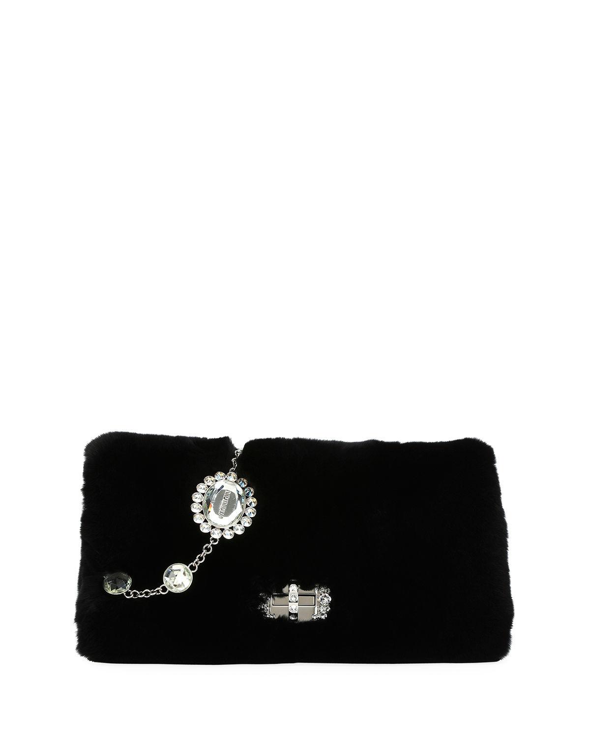 Lyst Miu Jeweled Fur Chain Clutch Bag In Black Miu Women S Black Jeweled Fur Chain Clutch Bag