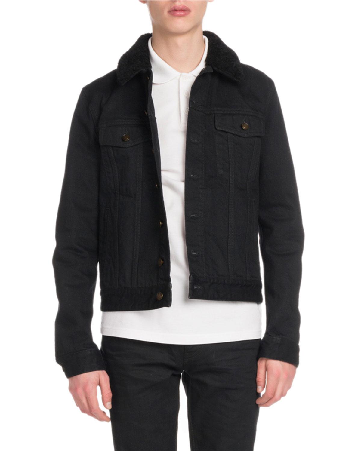 mens black denim jacket with fur collar