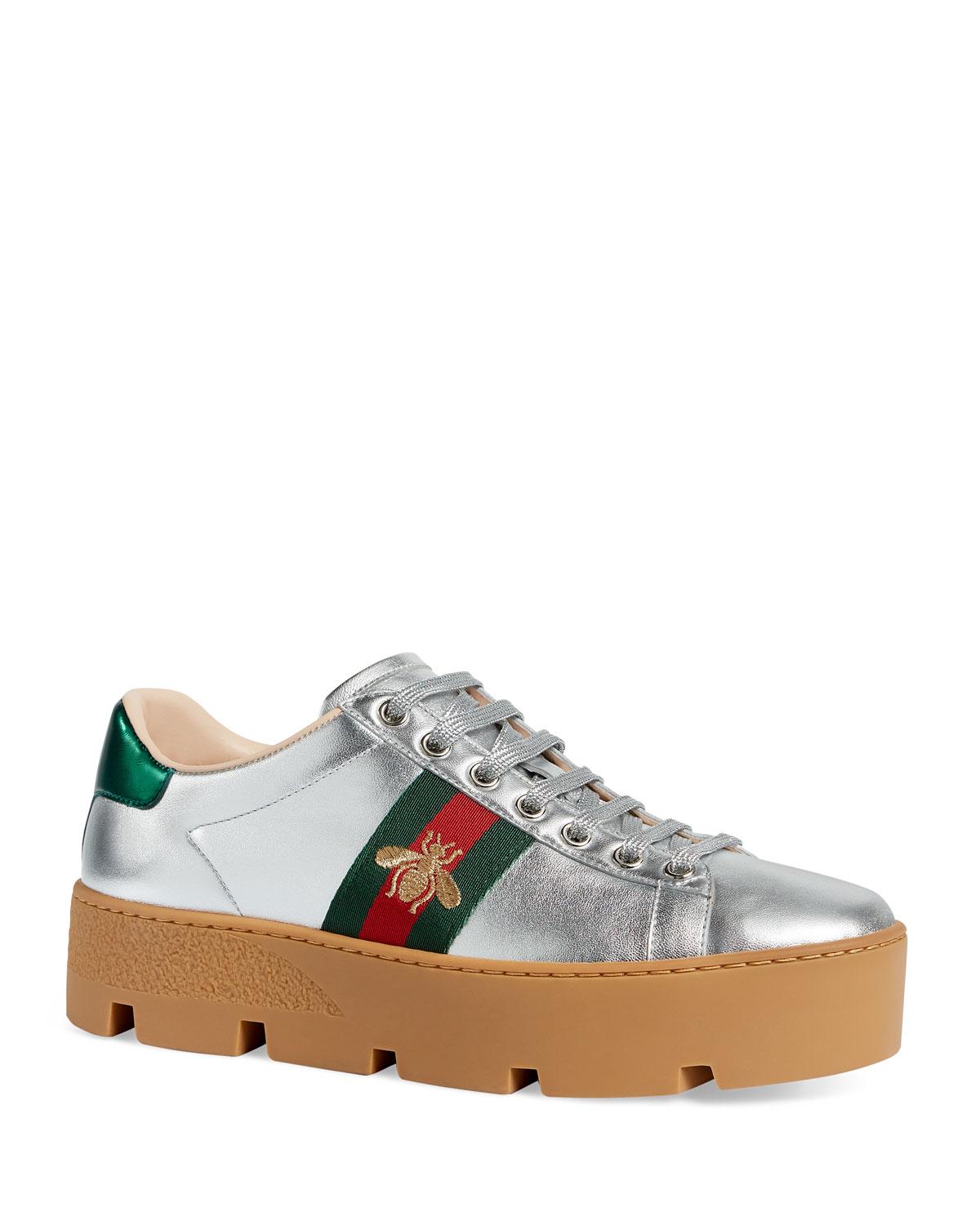 Gucci Ace Leather Platform Sneakers in Silver (Metallic) - Lyst