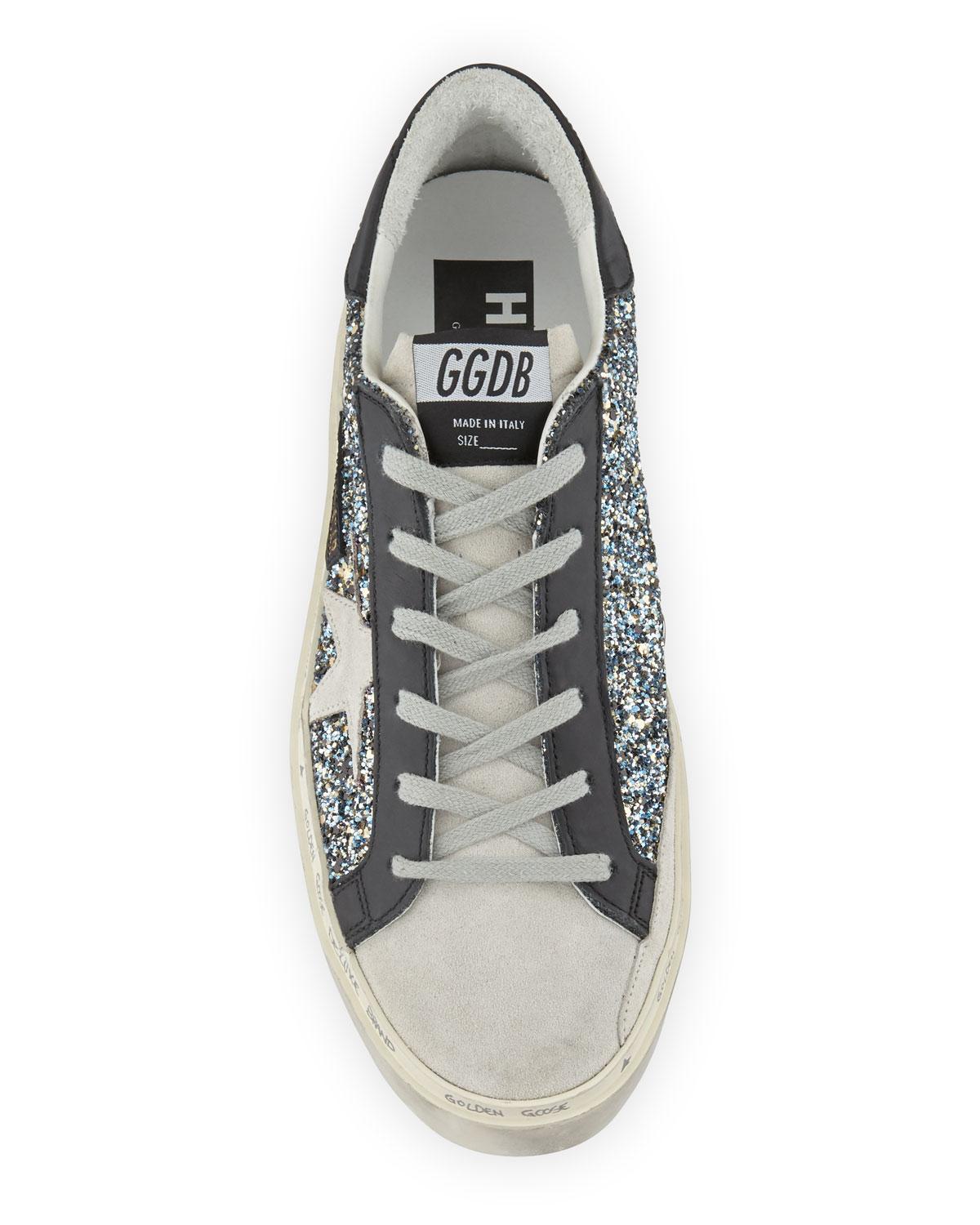 Golden Goose Deluxe Brand Hi Star Glittered Leather Platform Sneakers in Blue Black (Blue 