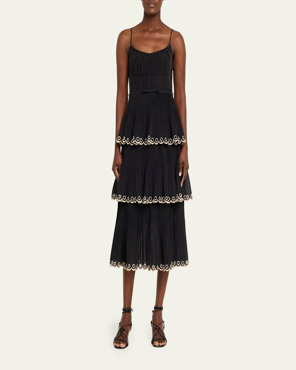 knee length dresses for ladies Zimmermann // Gold Silk Tiered Estelle Midi Dress – VSP Consignment main image 0
