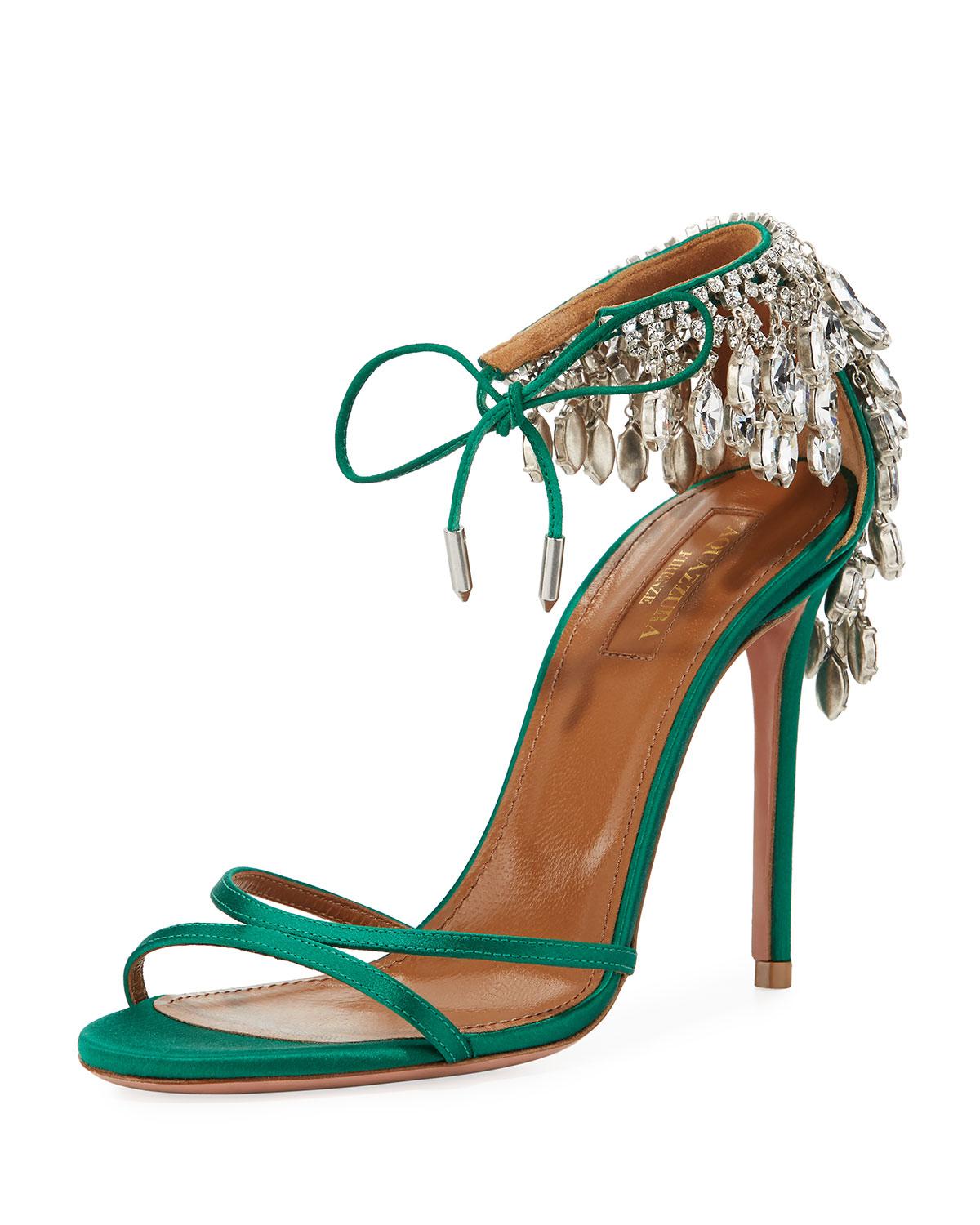 Aquazzura Satin Eden Crystal-embellished Ankle-tie Sandal in Emerald ...